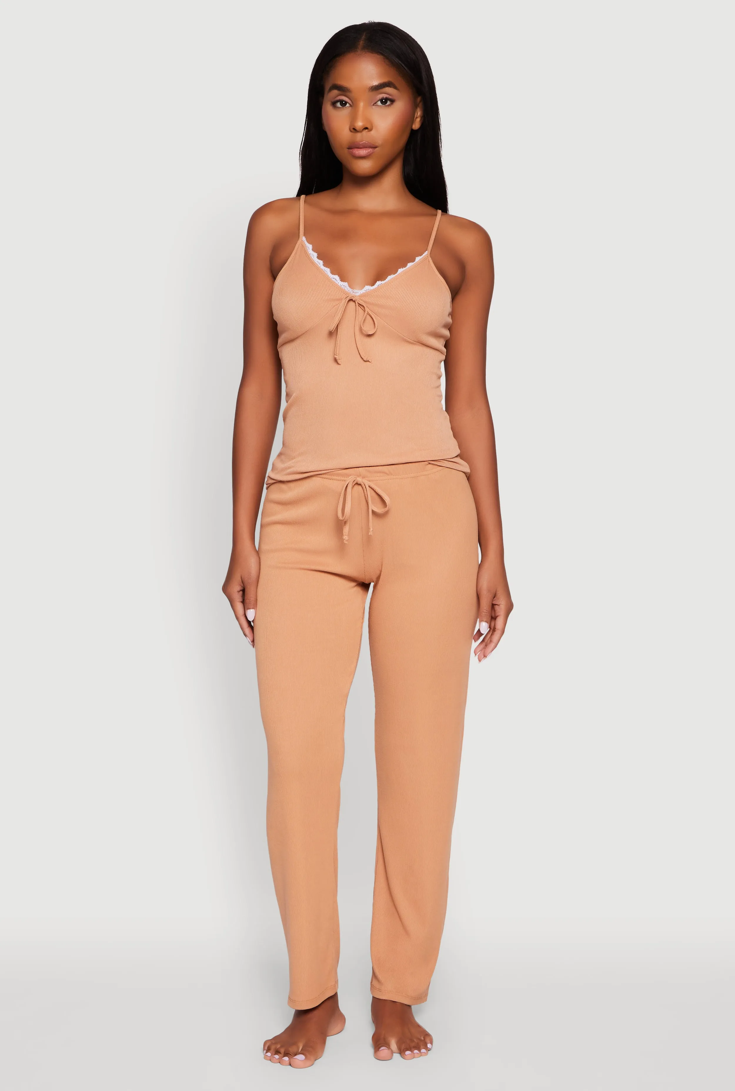 Rib Knit Lace Trim Pajama Cami and Pants Set sold by Rainbow