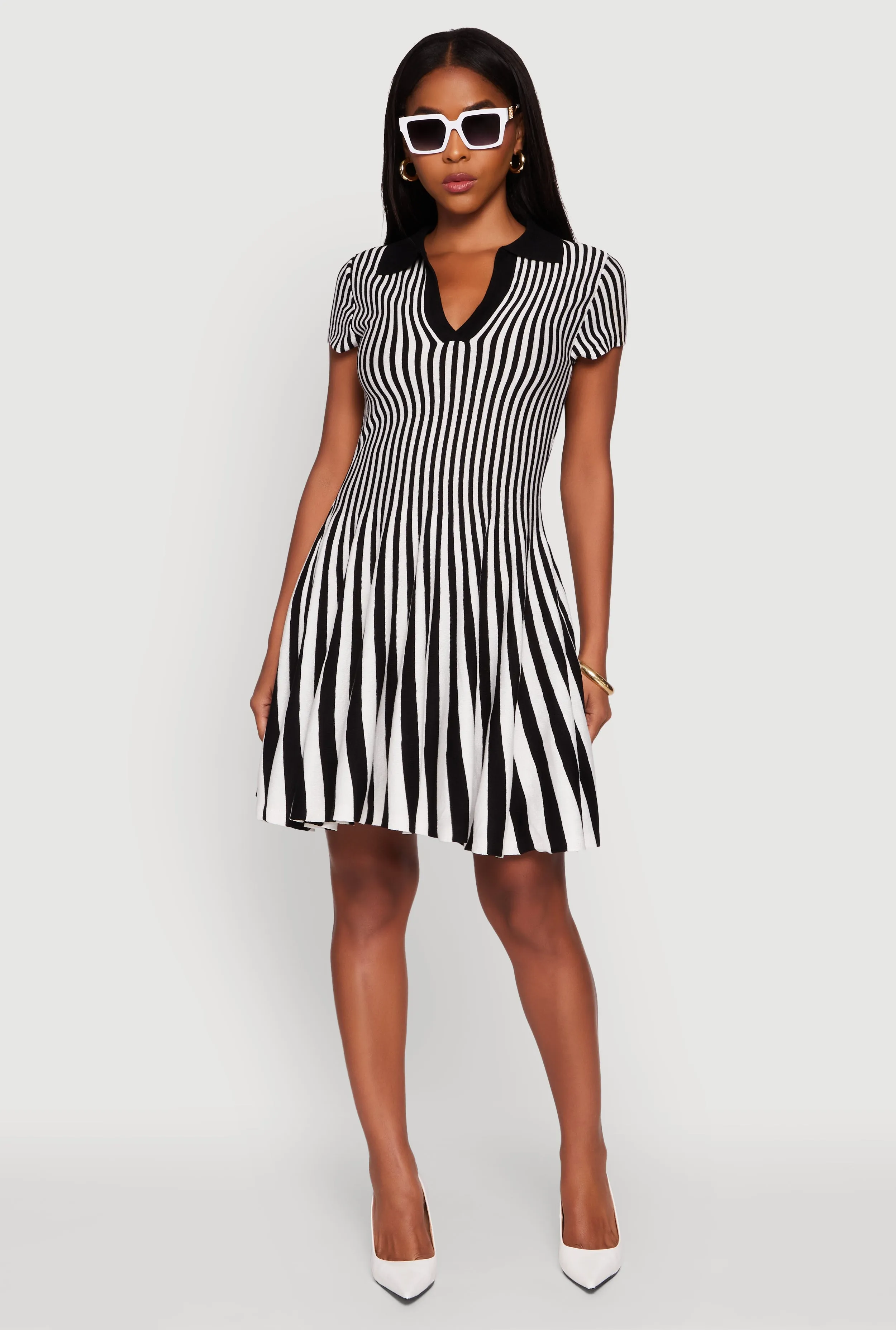 Trendy Striped Short Sleeve Polo Skater Dress sold by Rainbow