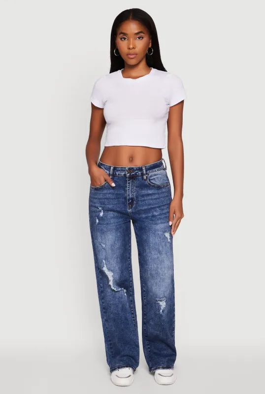 Mineral Wash Whiskered Distressed Straight Leg Jeans sold by Rainbow