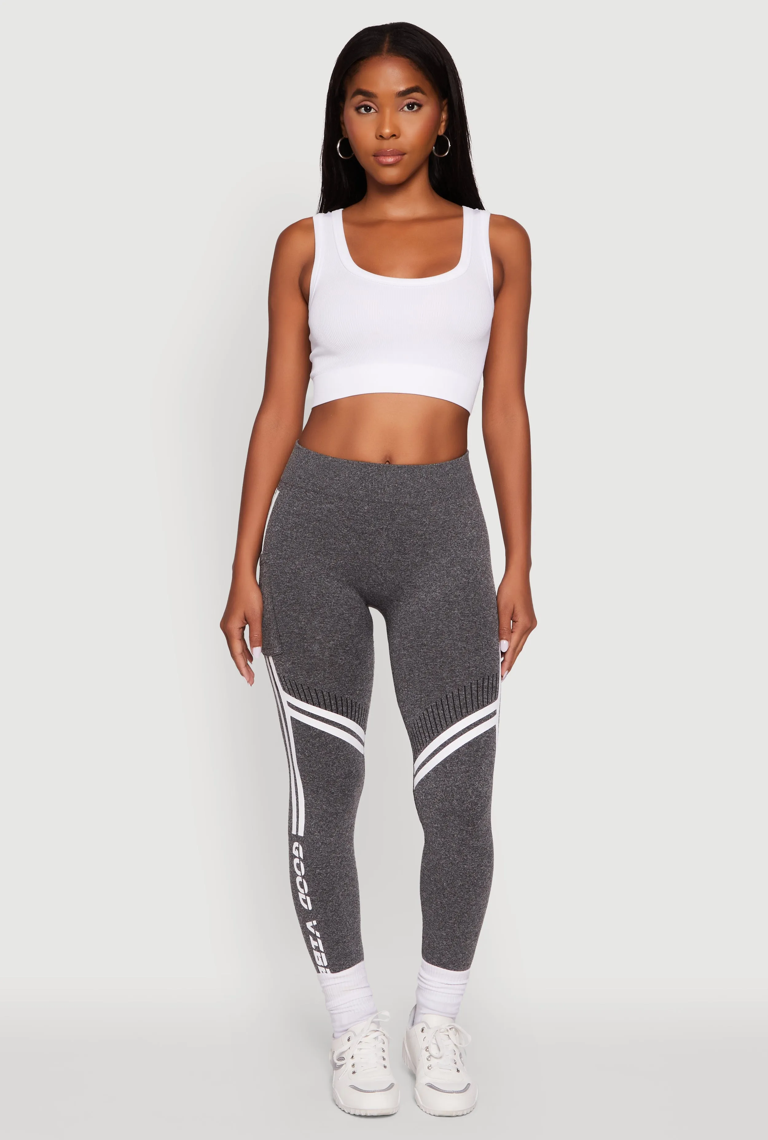 Good Vibes Graphic Varsity Stripe Side Leggings sold by Rainbow