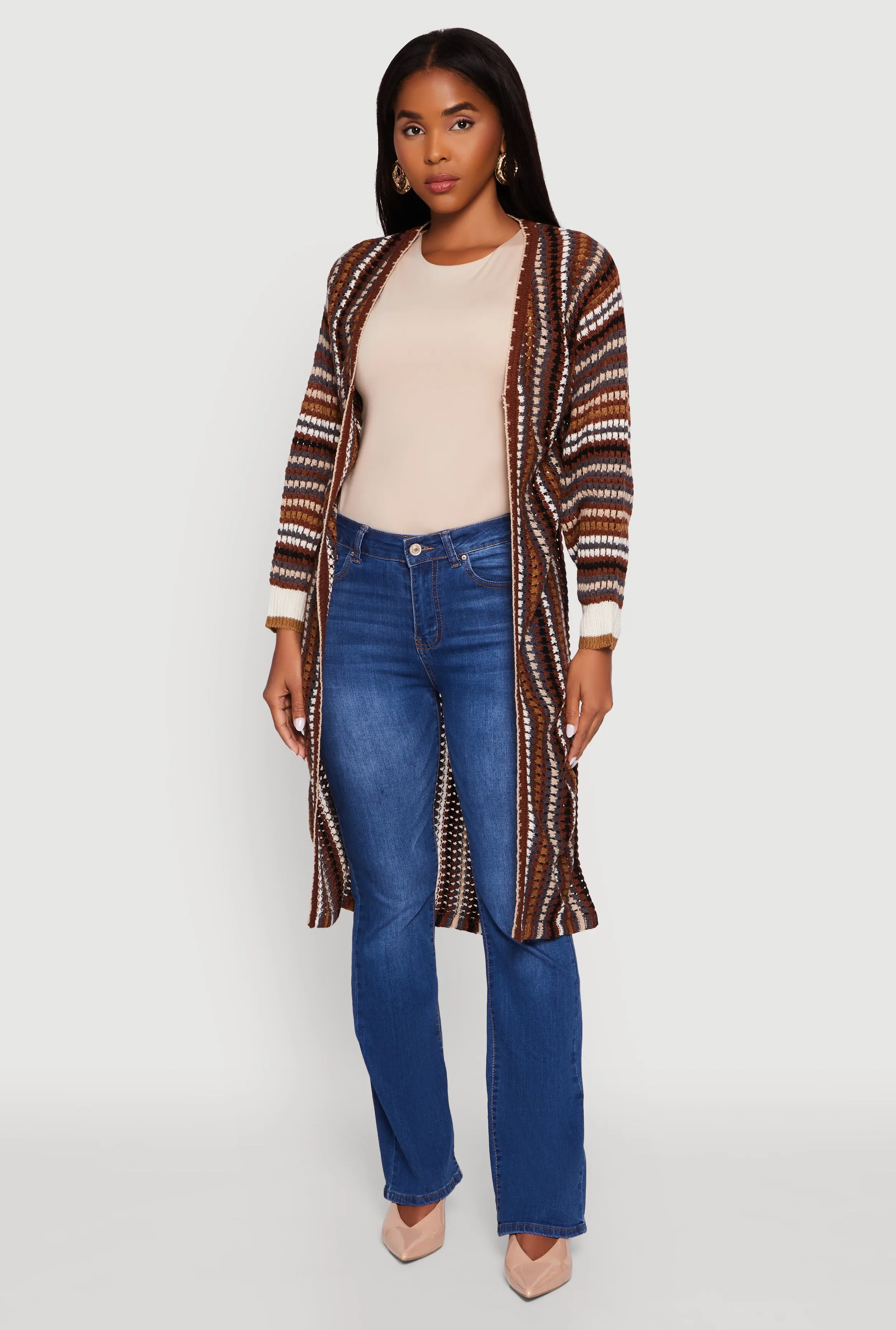 Striped Crochet Open Front Long Cardigan sold by Rainbow