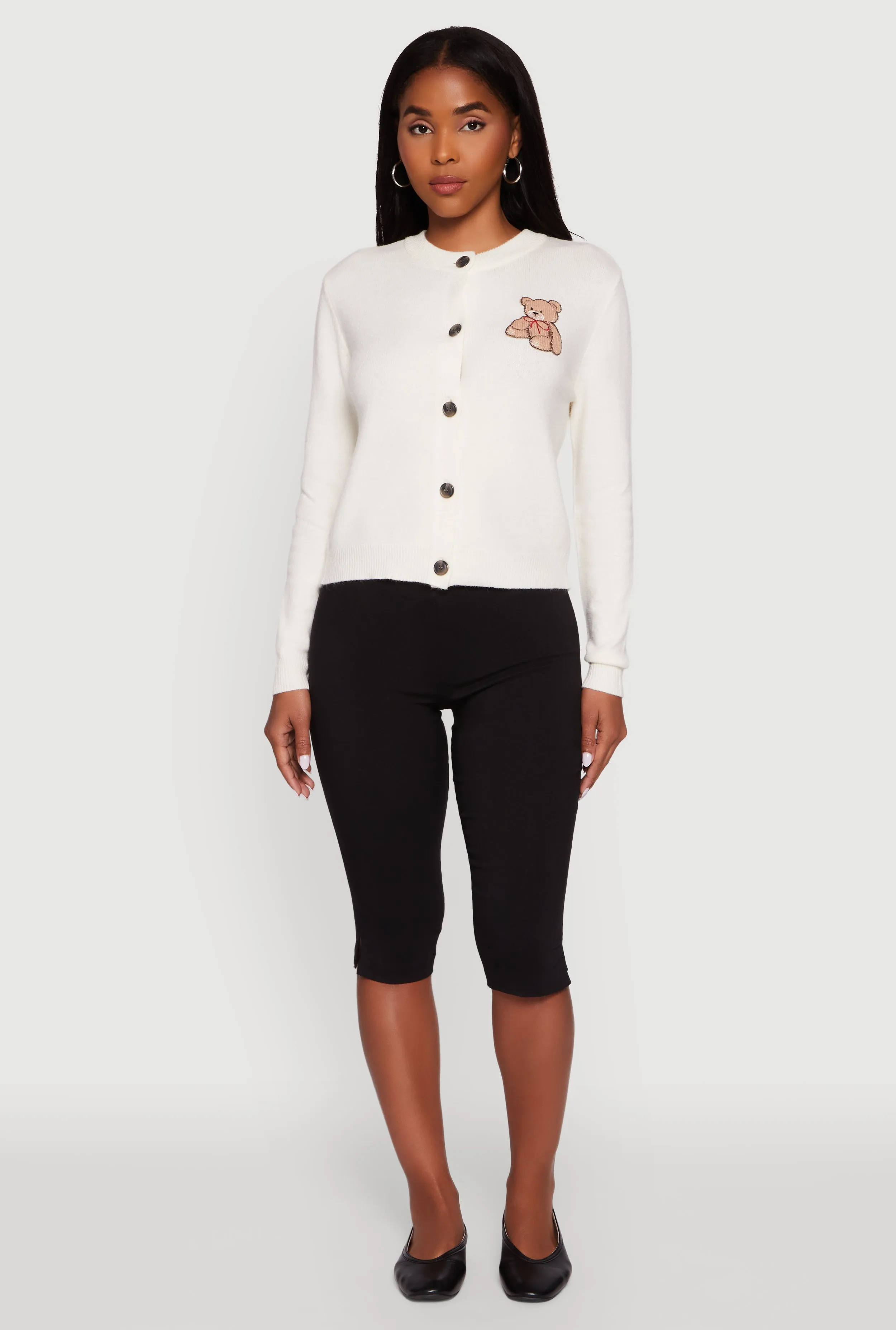 Embroidered Teddy Button Front Long Sleeve Cardigan sold by Rainbow