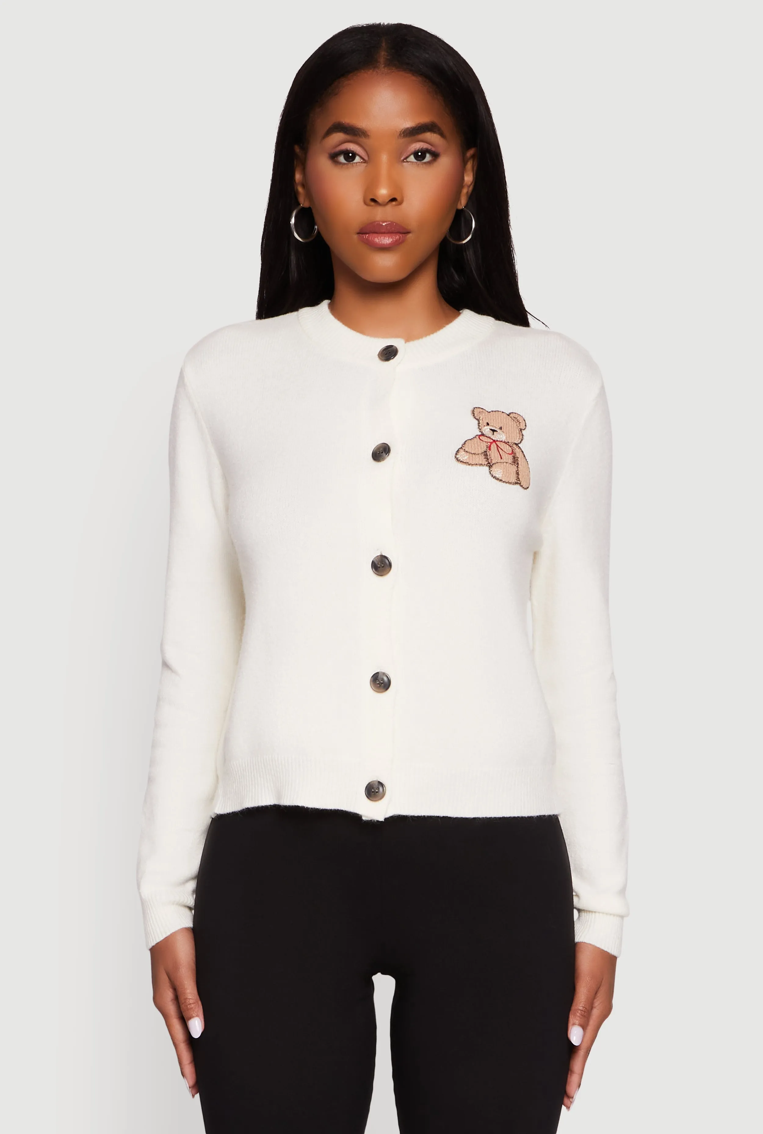 Embroidered Teddy Button Front Long Sleeve Cardigan sold by Rainbow product image thumbnail 2