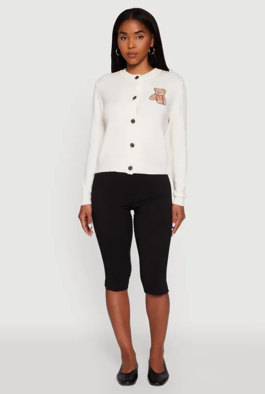 Embroidered Teddy Button Front Long Sleeve Cardigan sold by Rainbow