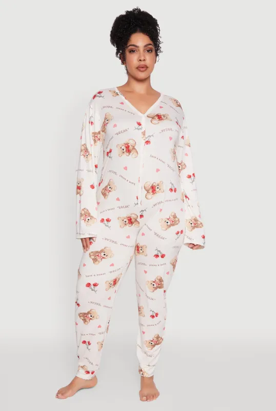 Plus Size Teddy Bear Graphic Print Pajama Onesie sold by Rainbow