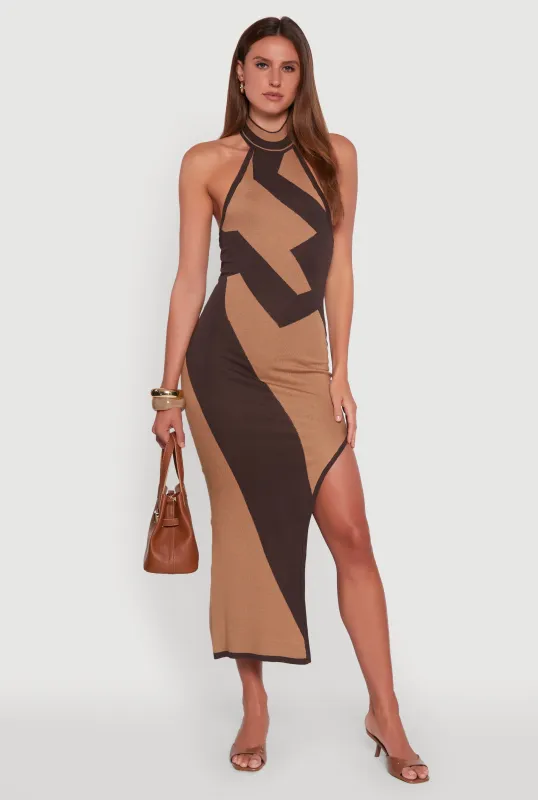 Abstract Printed Side Slit Halter Midi Dress sold by Rainbow