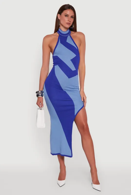 Abstract Printed Side Slit Halter Midi Dress sold by Rainbow