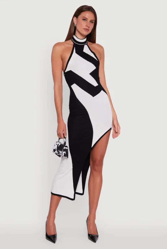 Abstract Printed Side Slit Halter Midi Dress sold by Rainbow