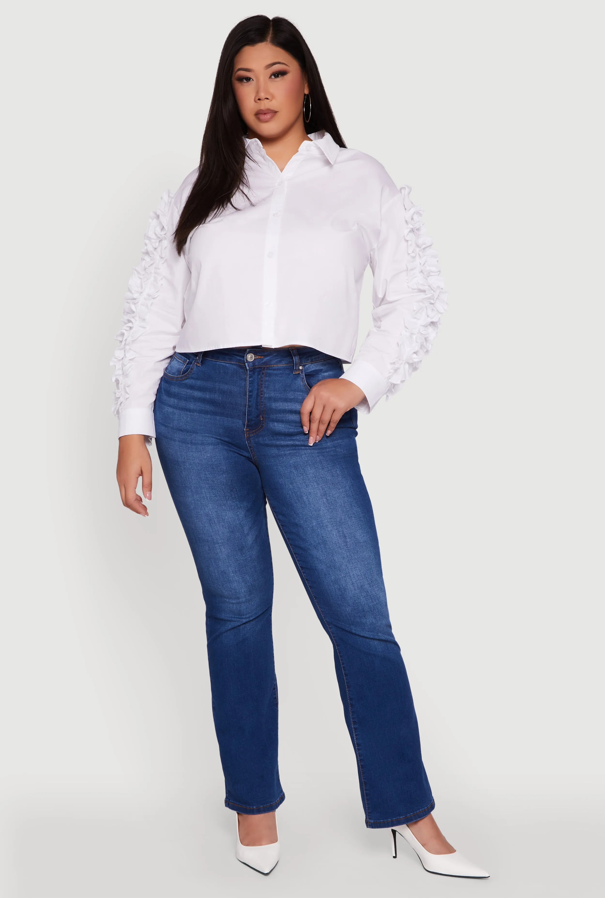 Plus Size Ruffle Trim Long Sleeve Cropped Shirt sold by Rainbow