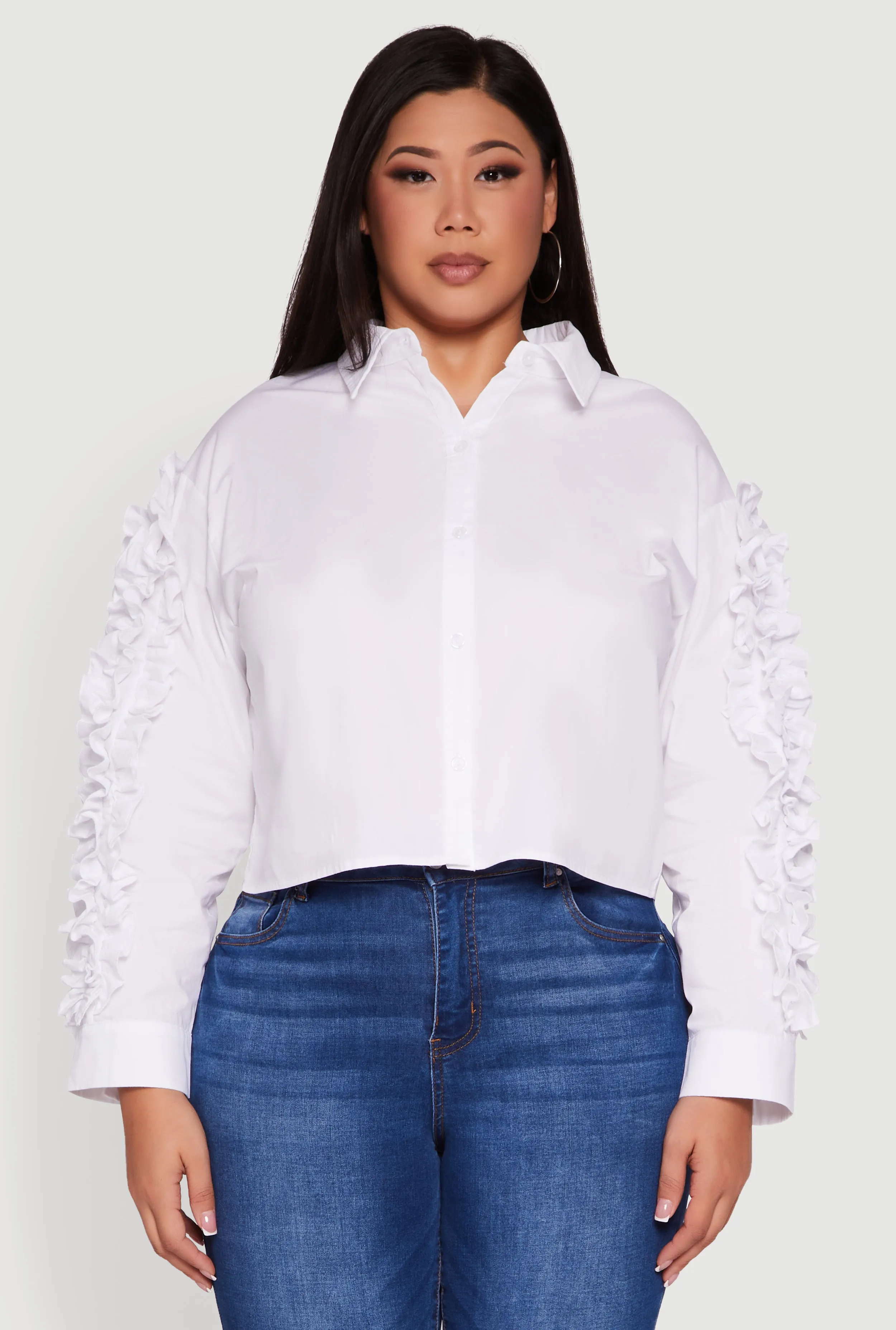 Plus Size Ruffle Trim Long Sleeve Cropped Shirt sold by Rainbow product image thumbnail 2