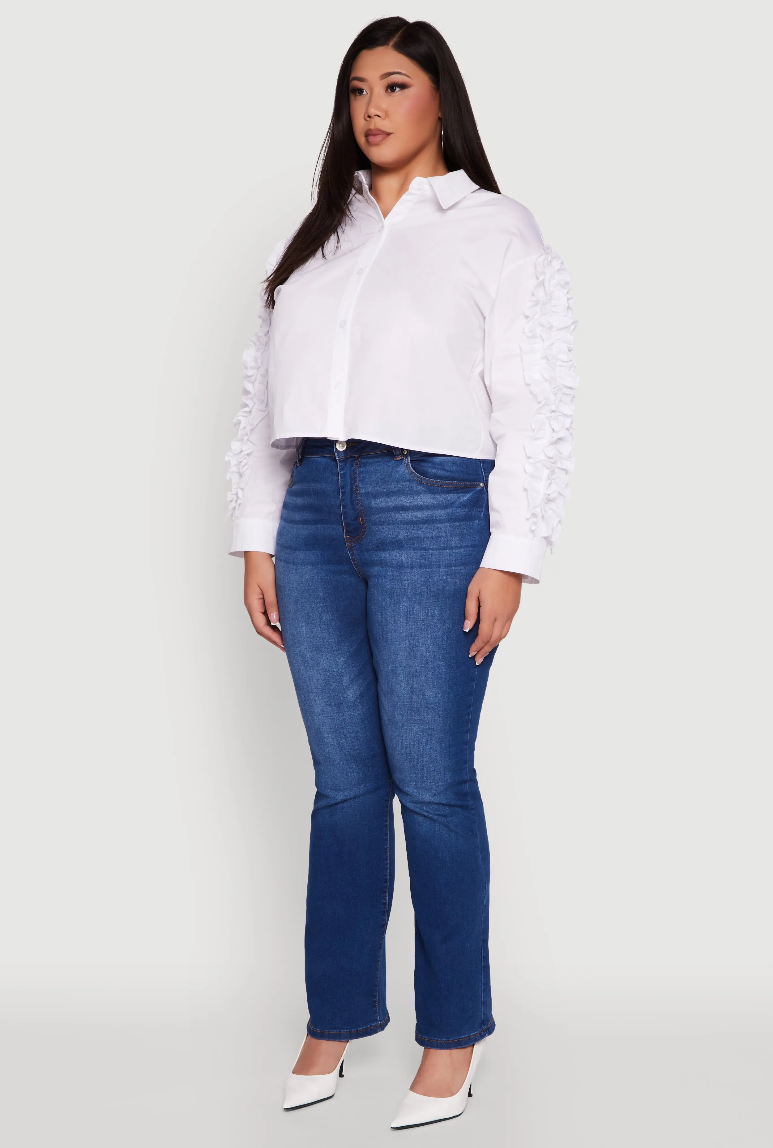 Plus Size Ruffle Trim Long Sleeve Cropped Shirt sold by Rainbow product image thumbnail 5