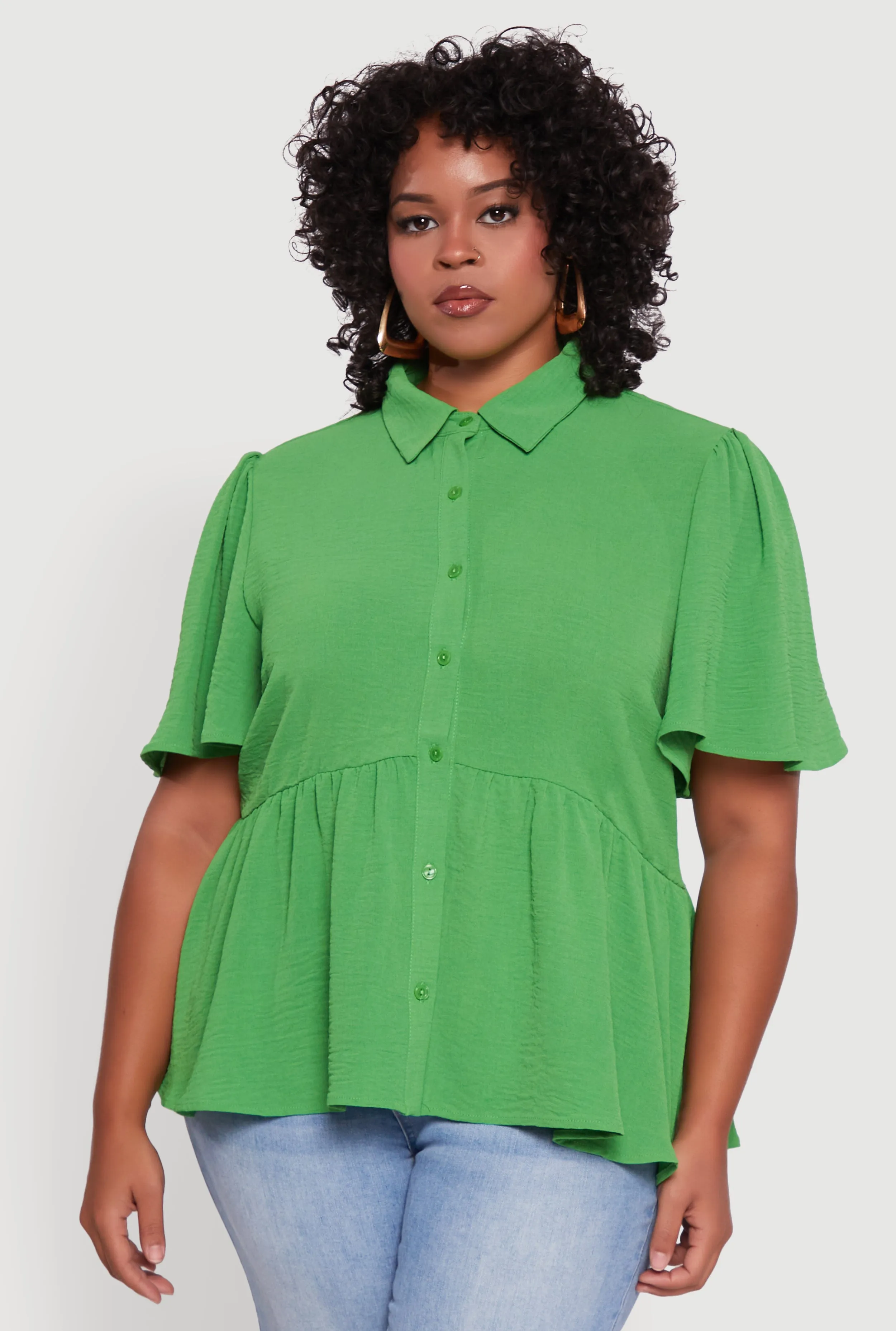 Plus Size Airy Crepe Knit Peplum Shirt with Flutter Sleeves sold by Rainbow product image thumbnail 2