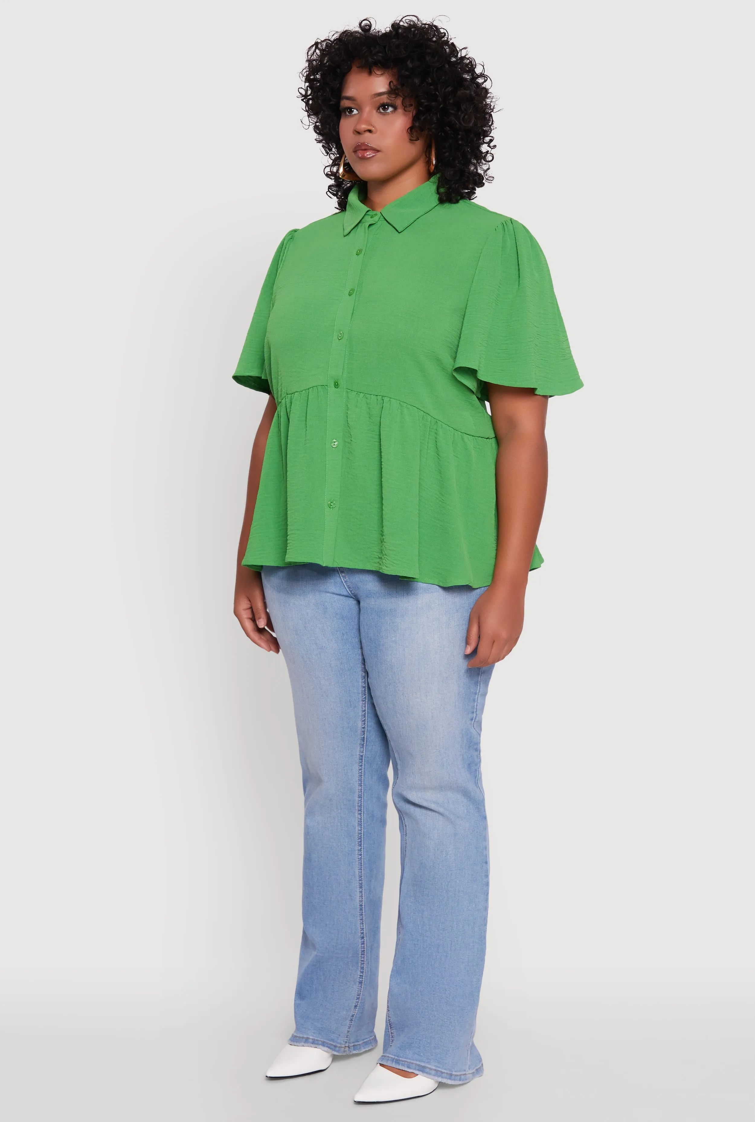 Plus Size Airy Crepe Knit Peplum Shirt with Flutter Sleeves sold by Rainbow product image thumbnail 5