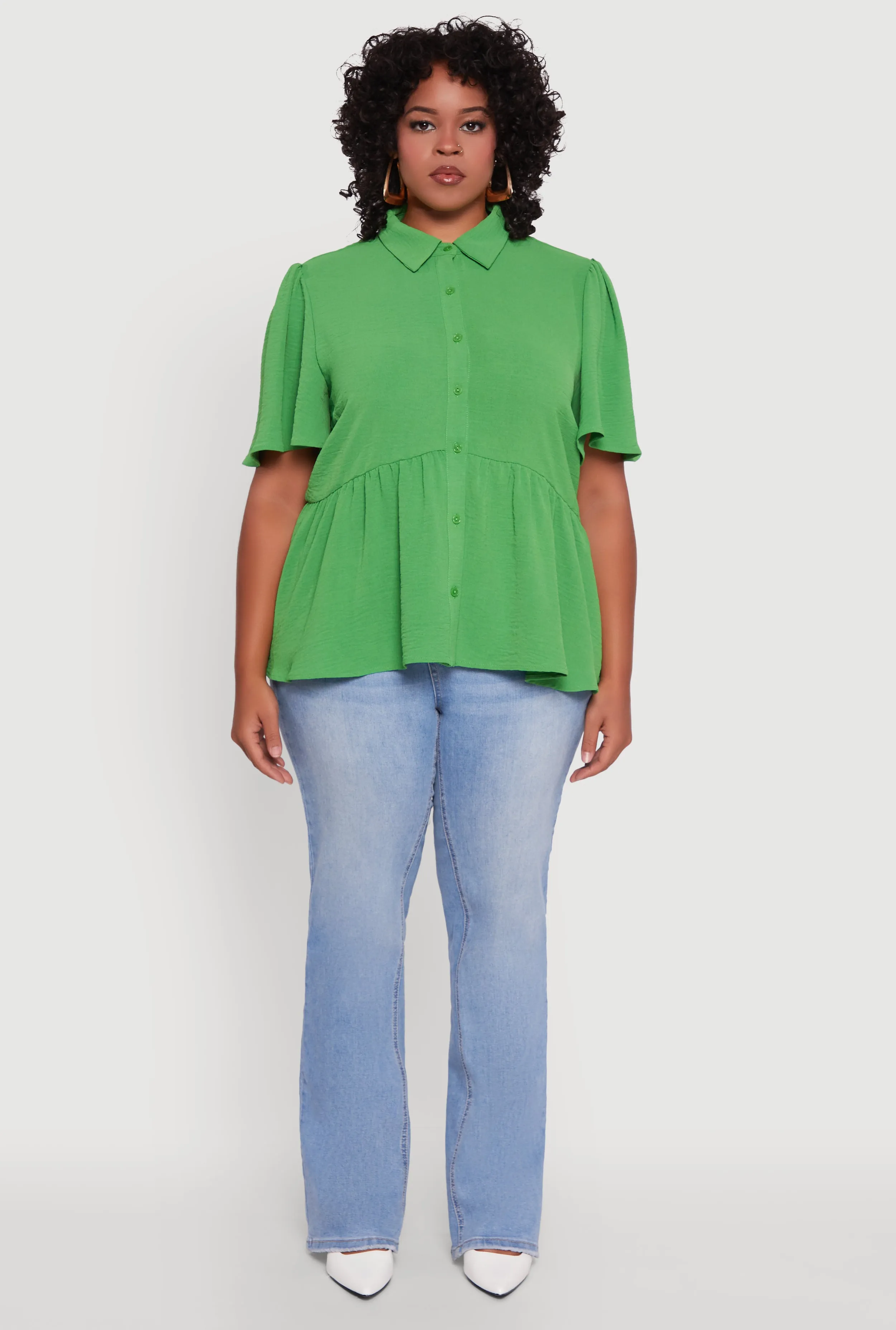 Plus Size Airy Crepe Knit Peplum Shirt with Flutter Sleeves sold by Rainbow product image thumbnail 3