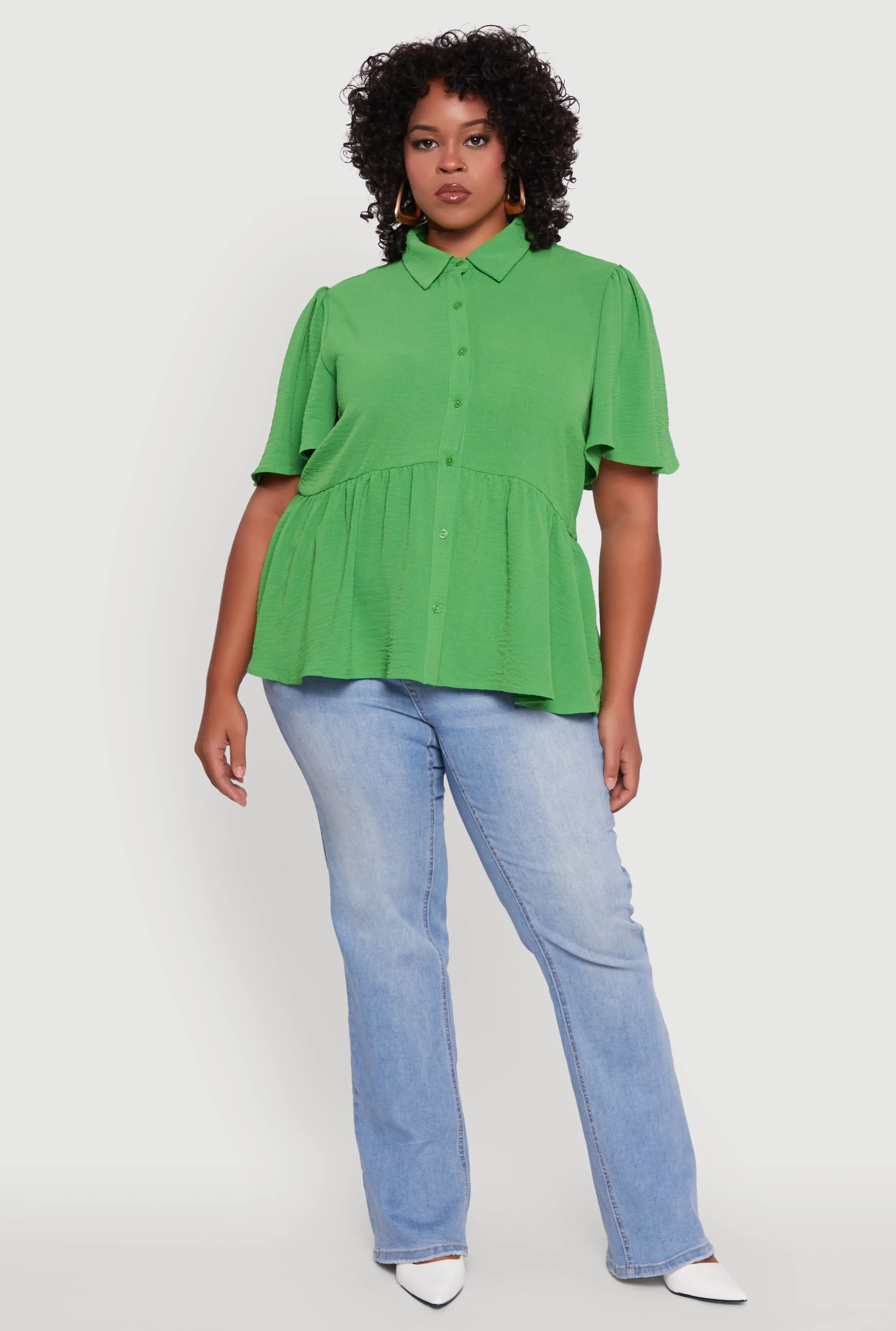 Plus Size Airy Crepe Knit Peplum Shirt with Flutter Sleeves sold by Rainbow