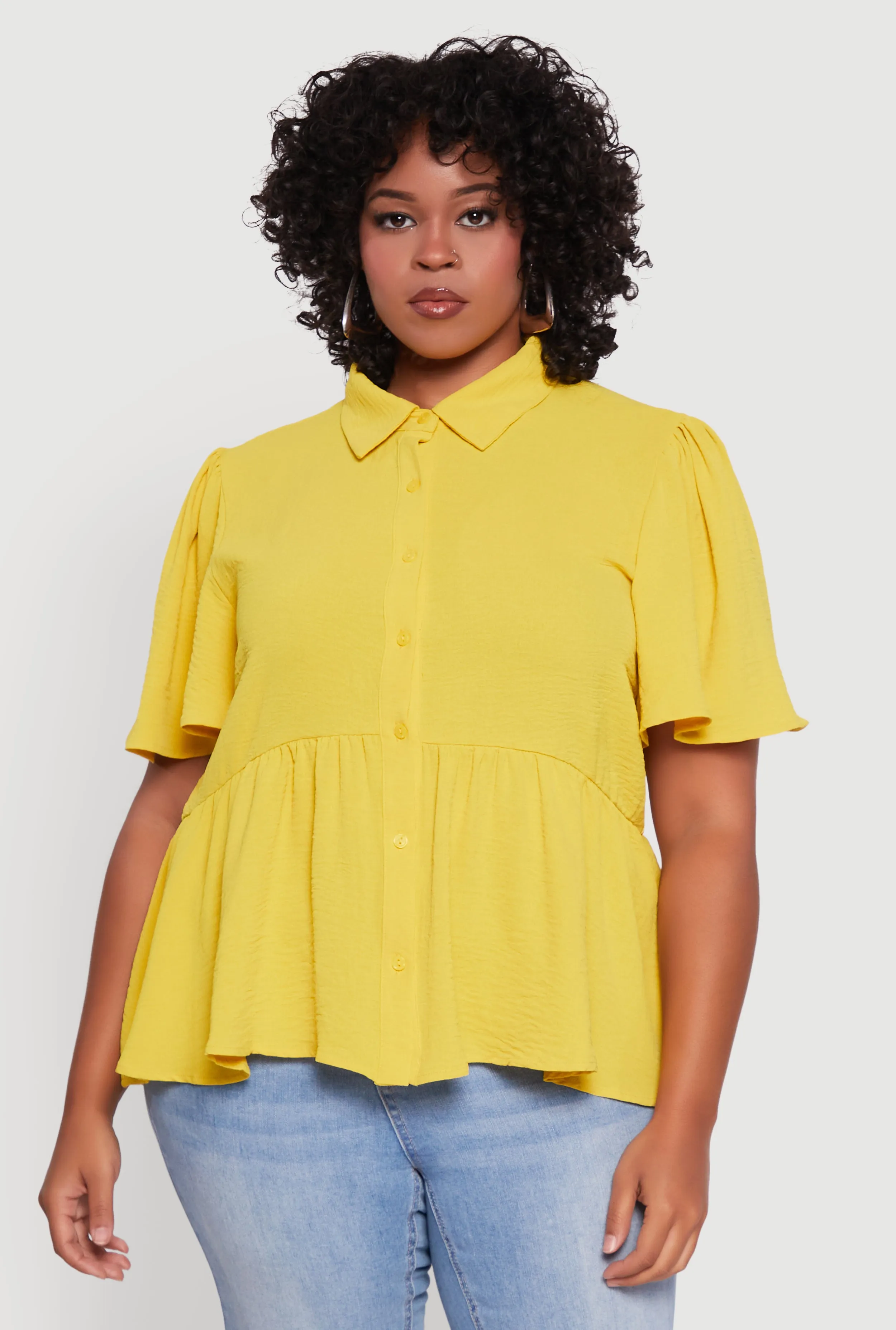 Plus Size Airy Crepe Knit Peplum Shirt with Flutter Sleeves sold by Rainbow product image thumbnail 2