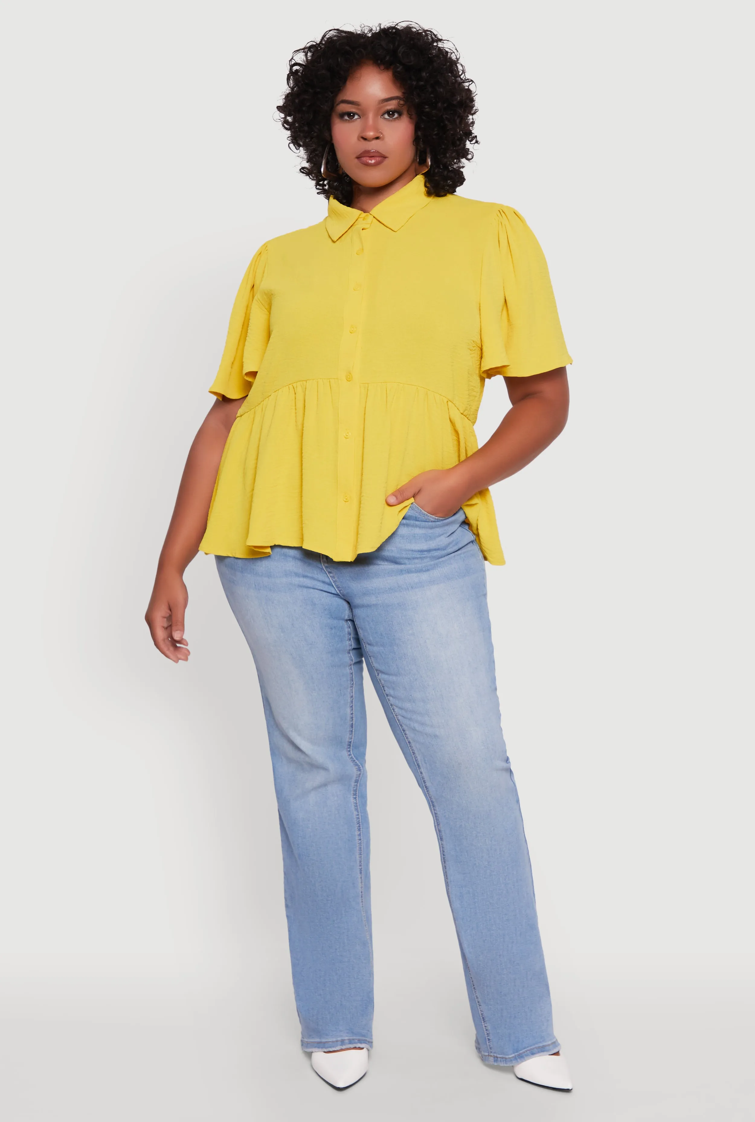 Plus Size Airy Crepe Knit Peplum Shirt with Flutter Sleeves sold by Rainbow