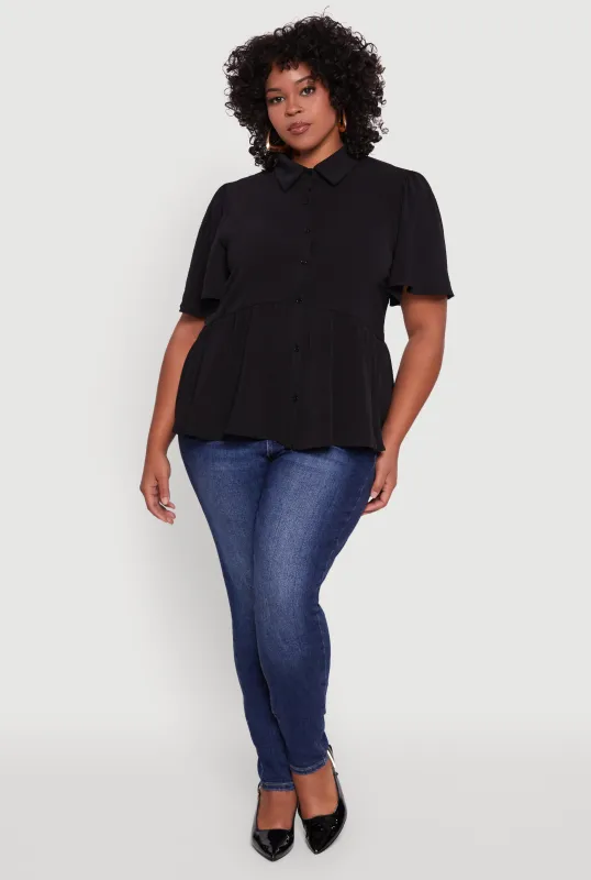 Plus Size Airy Crepe Knit Peplum Shirt with Flutter Sleeves sold by Rainbow