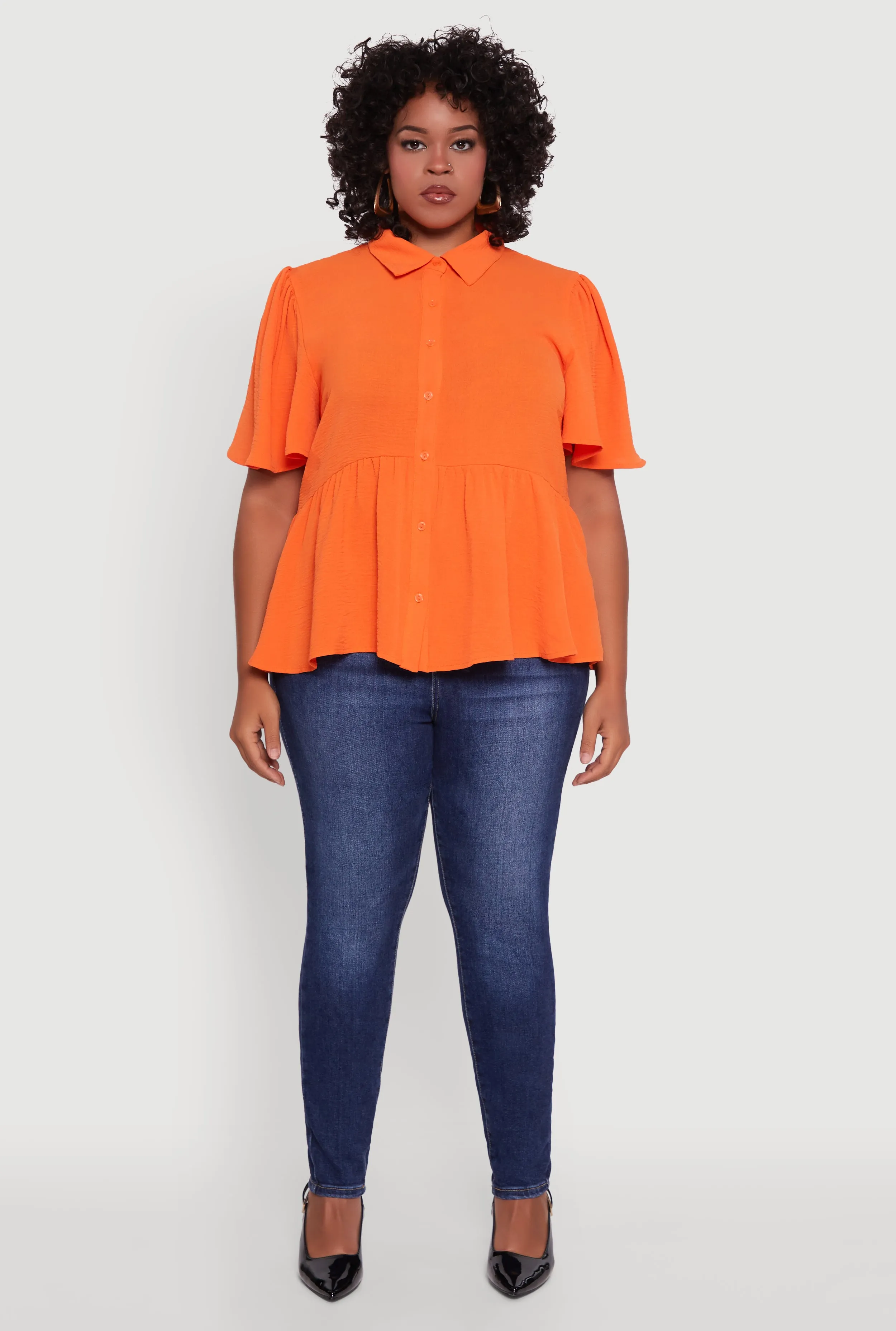 Plus Size Airy Crepe Knit Peplum Shirt with Flutter Sleeves sold by Rainbow product image thumbnail 3