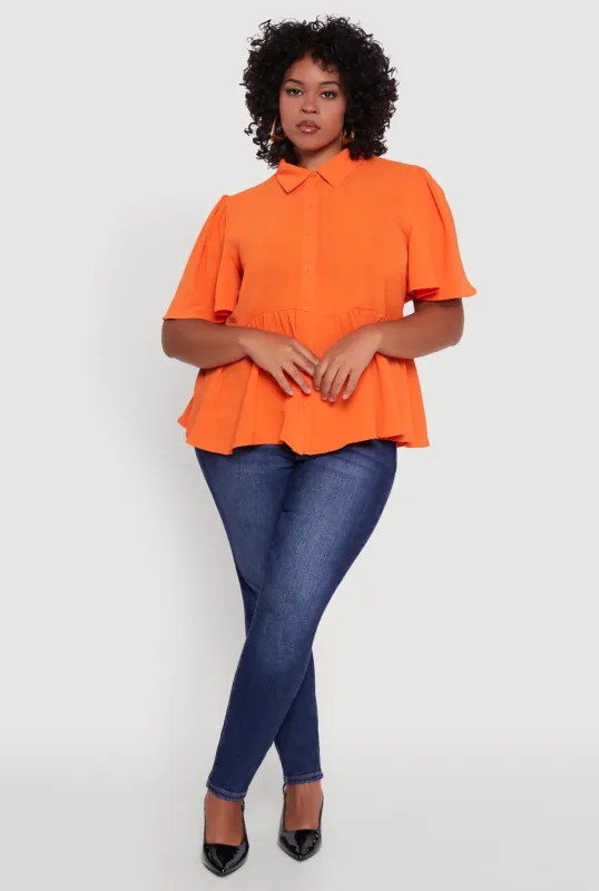 Plus Size Airy Crepe Knit Peplum Shirt with Flutter Sleeves sold by Rainbow