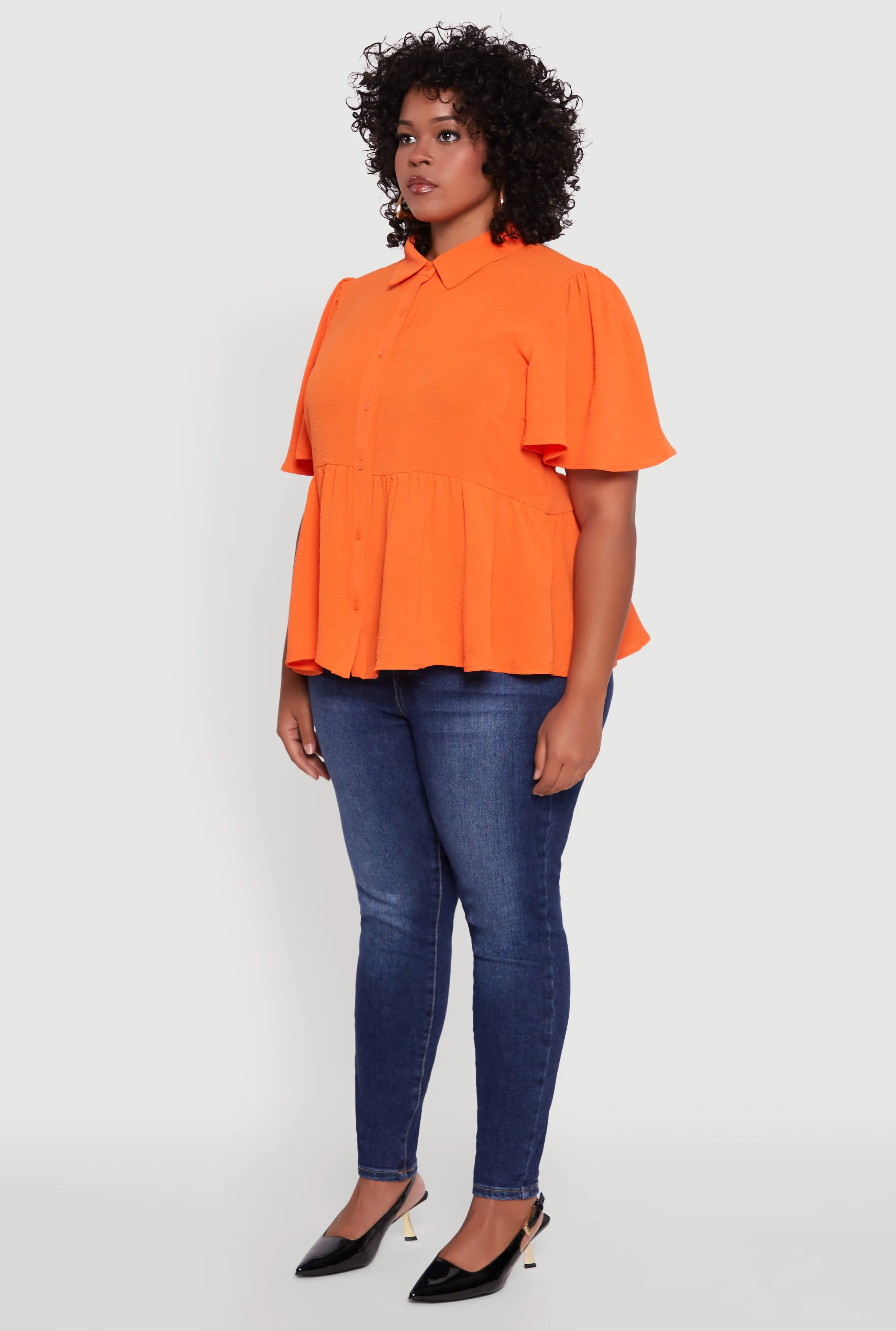 Plus Size Airy Crepe Knit Peplum Shirt with Flutter Sleeves sold by Rainbow product image thumbnail 5