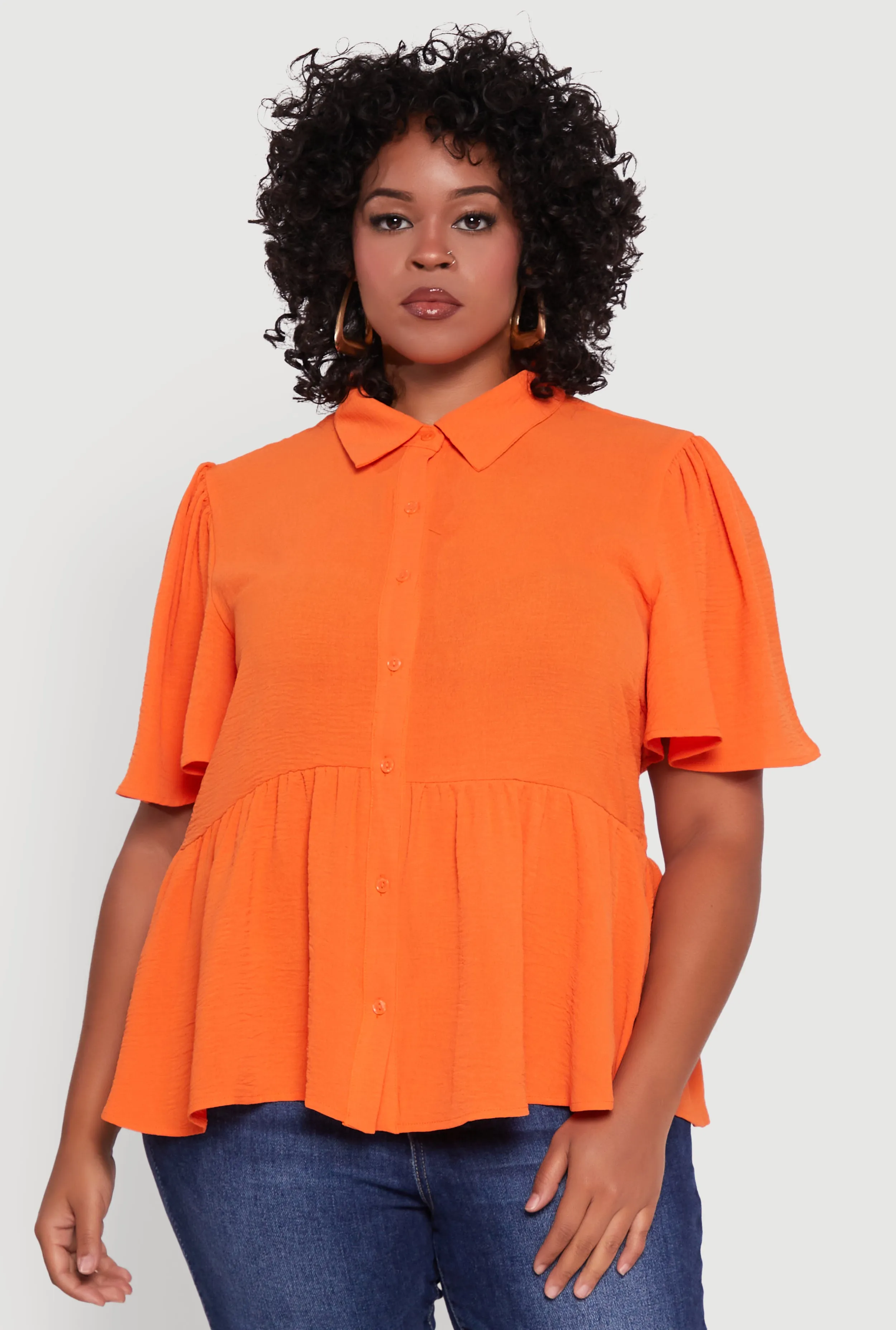 Plus Size Airy Crepe Knit Peplum Shirt with Flutter Sleeves sold by Rainbow product image thumbnail 2