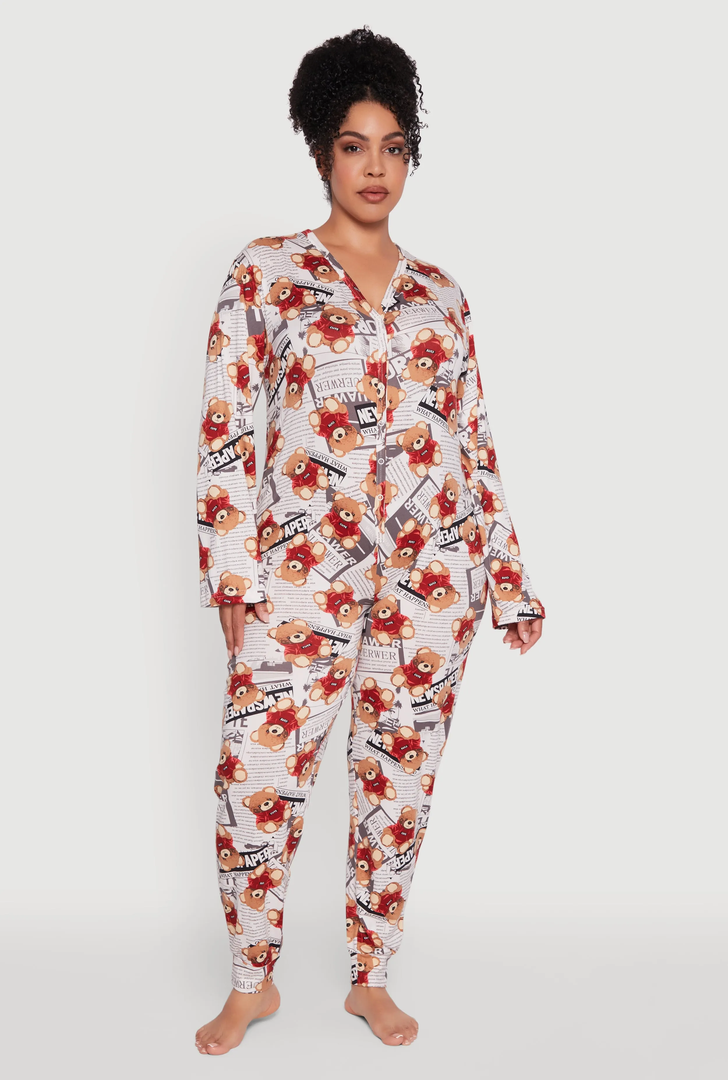 Plus Size Newspaper Teddy Bear Graphic Pajama Onesie sold by Rainbow
