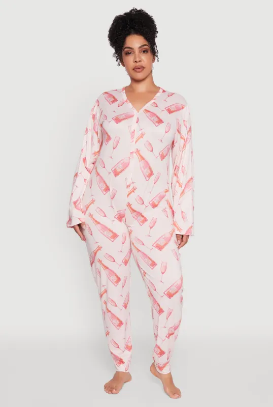 Plus Size Champagne Graphic Print Pajama Onesie sold by Rainbow