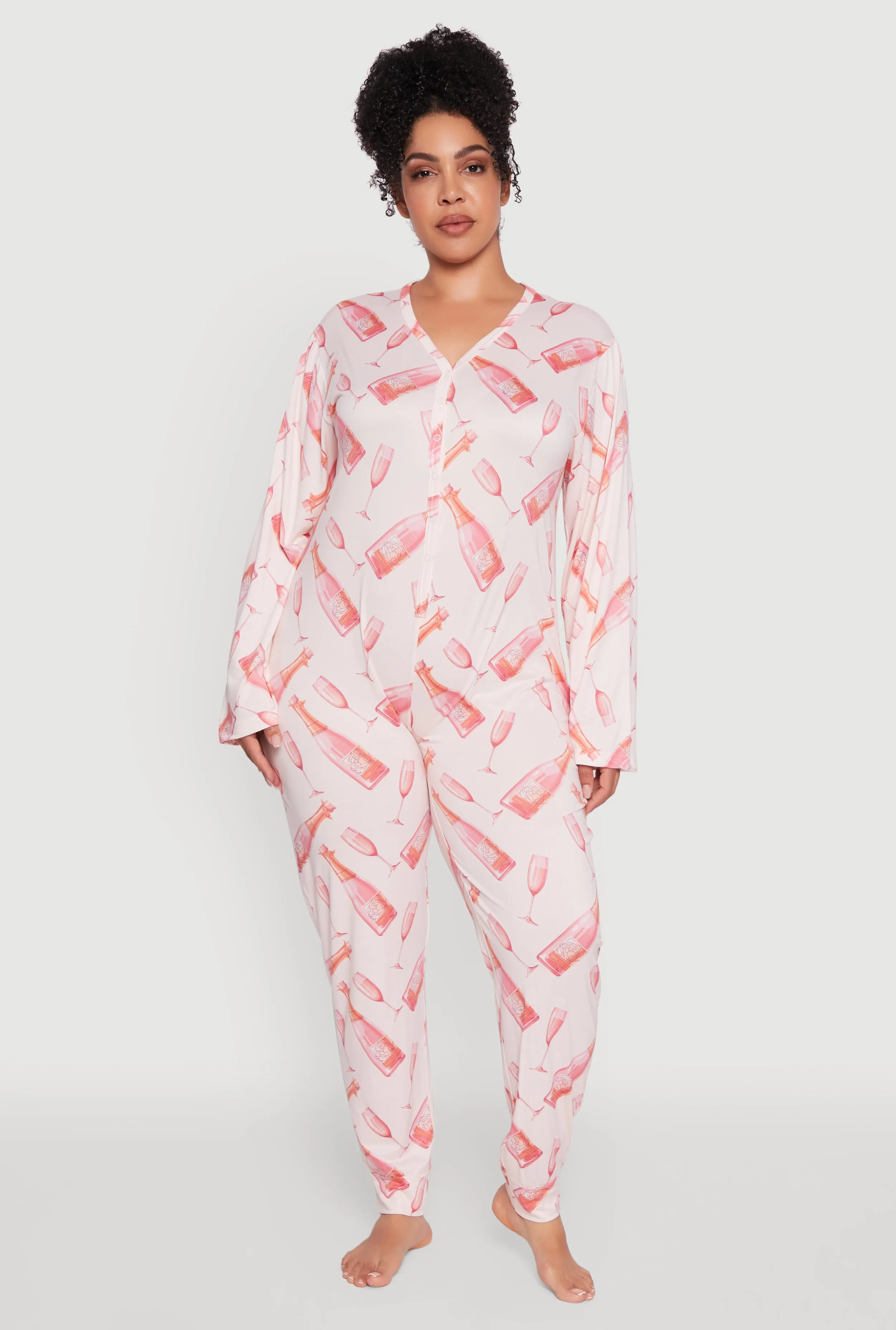 Plus Size Champagne Graphic Print Pajama Onesie sold by Rainbow