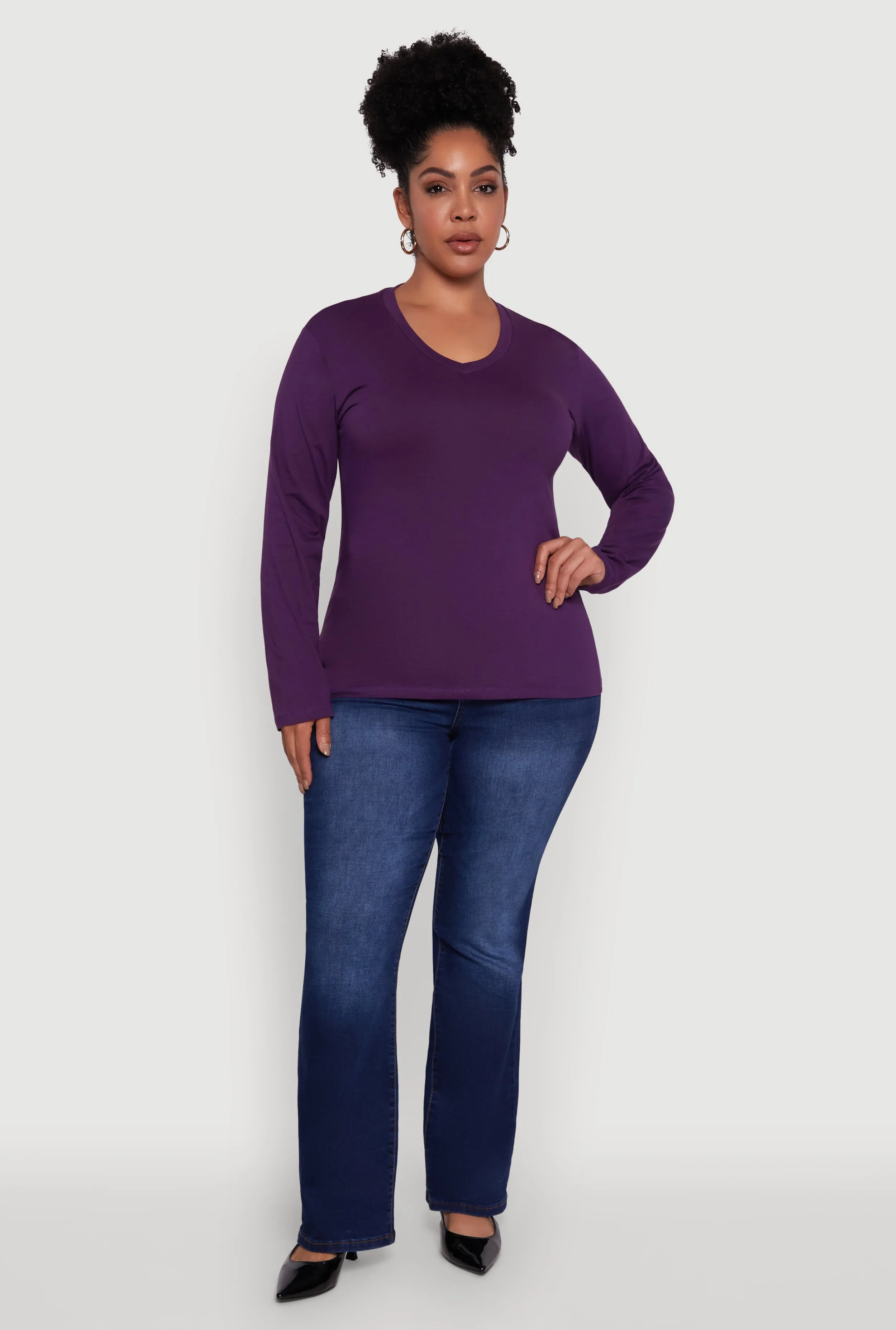Plus Size Basic V Neck Long Sleeve T-Shirt sold by Rainbow