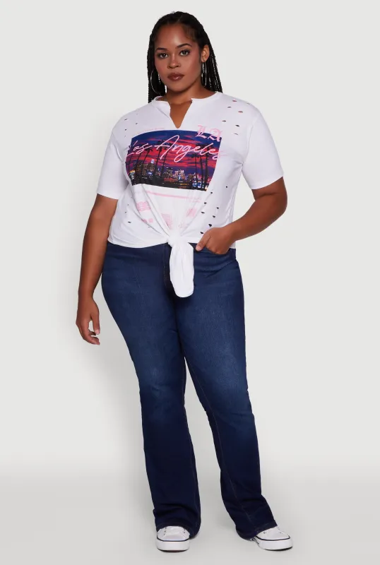 Plus Size Cut Out Los Angeles Graphic Knot Front Tee sold by Rainbow