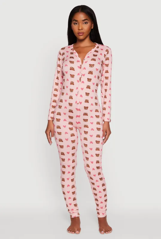 Teddy Bear Heart Graphic V-Neck Pajama Onesie sold by Rainbow