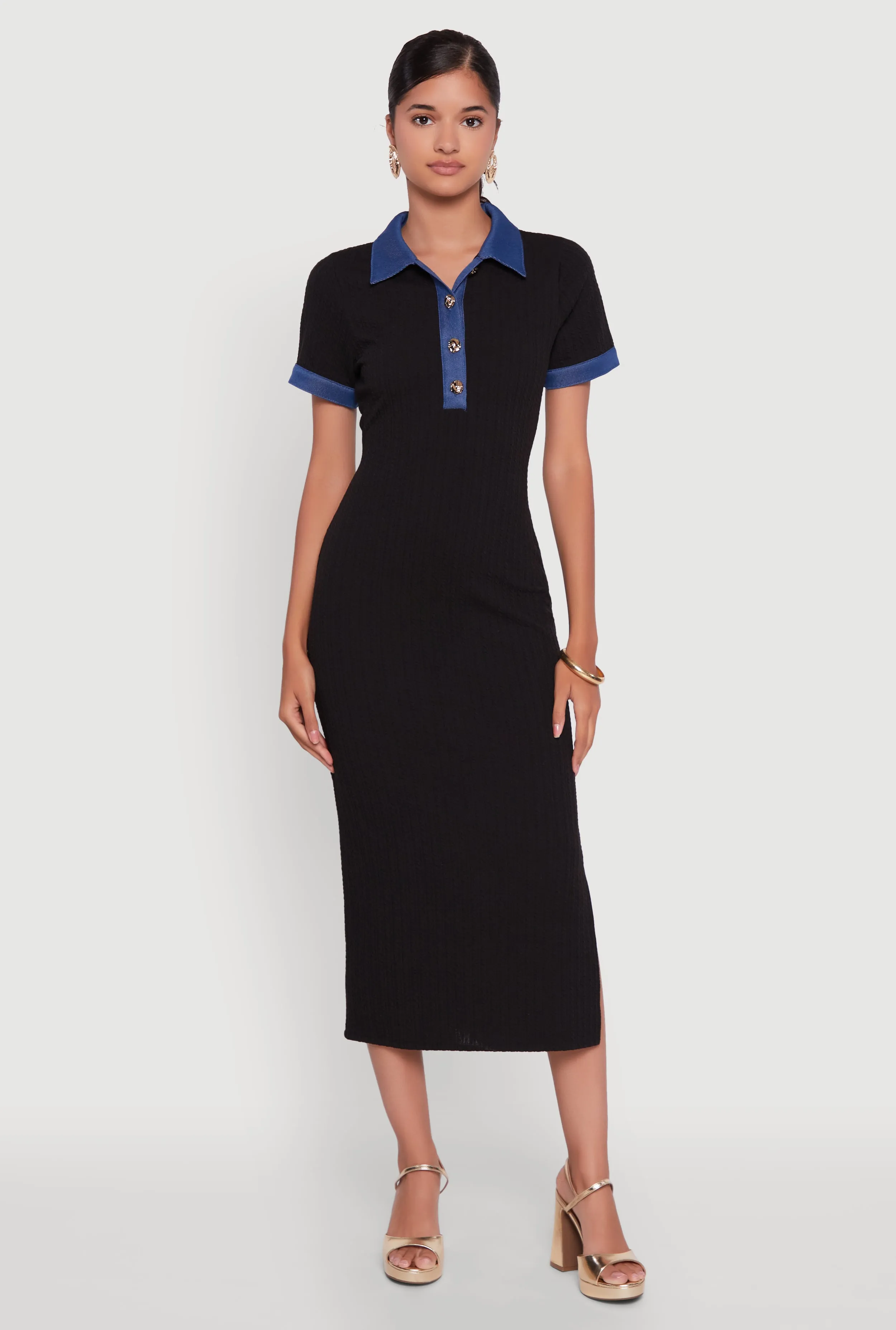 Denim Trim Dress with Polo Collar and Side Slit sold by Rainbow