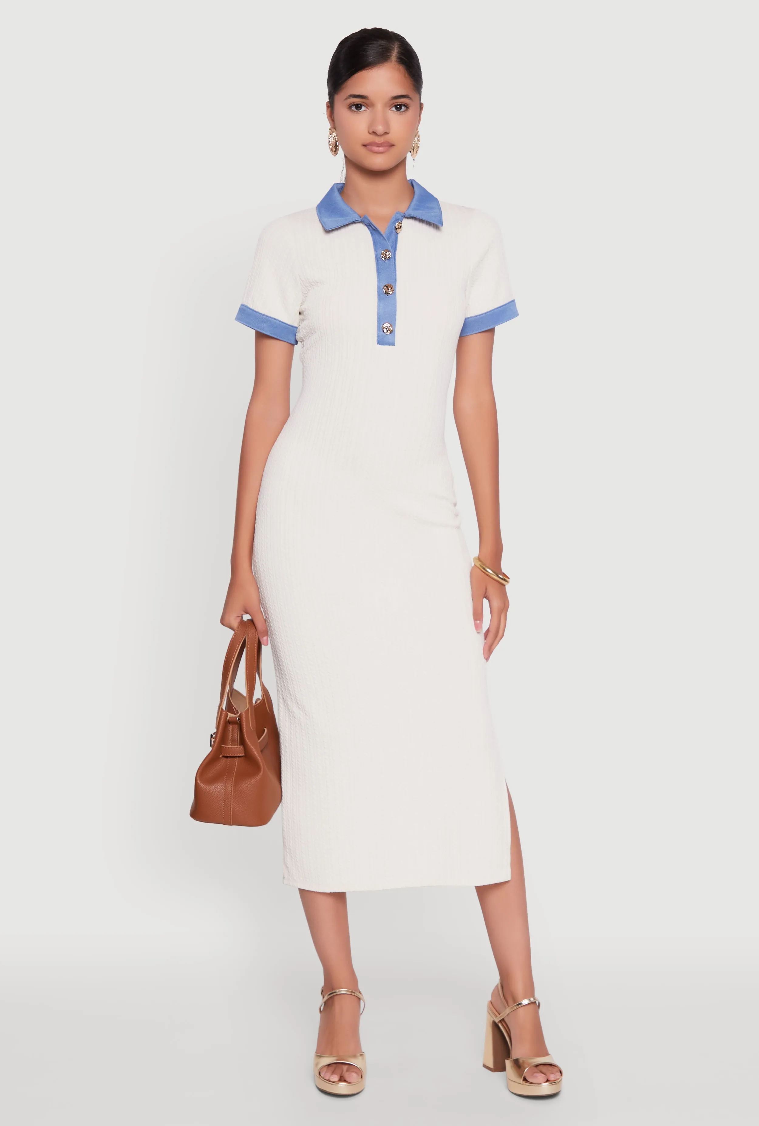 Denim Trim Dress with Polo Collar and Side Slit sold by Rainbow product image thumbnail 2