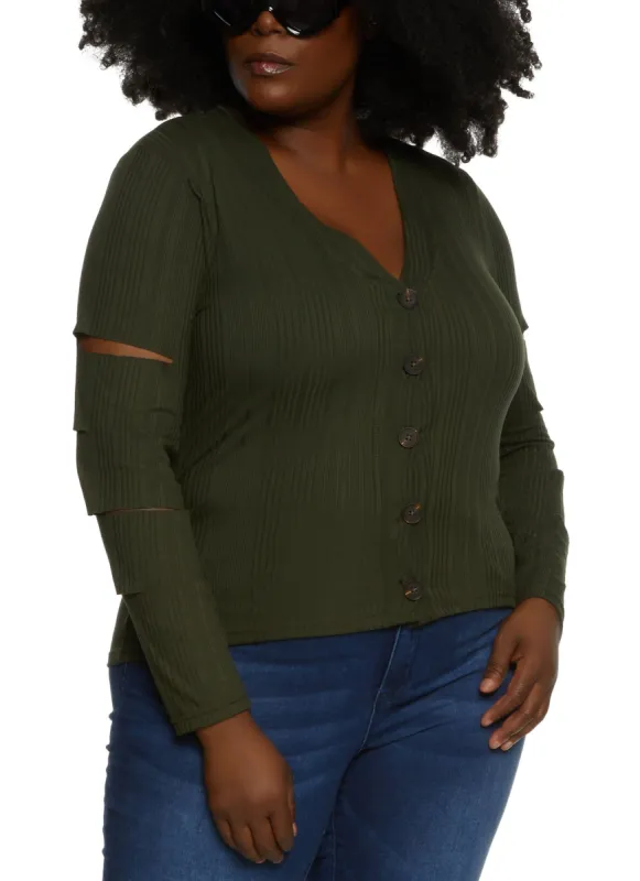 Plus Size Ribbed Laser Cut Button Front Top sold by Rainbow