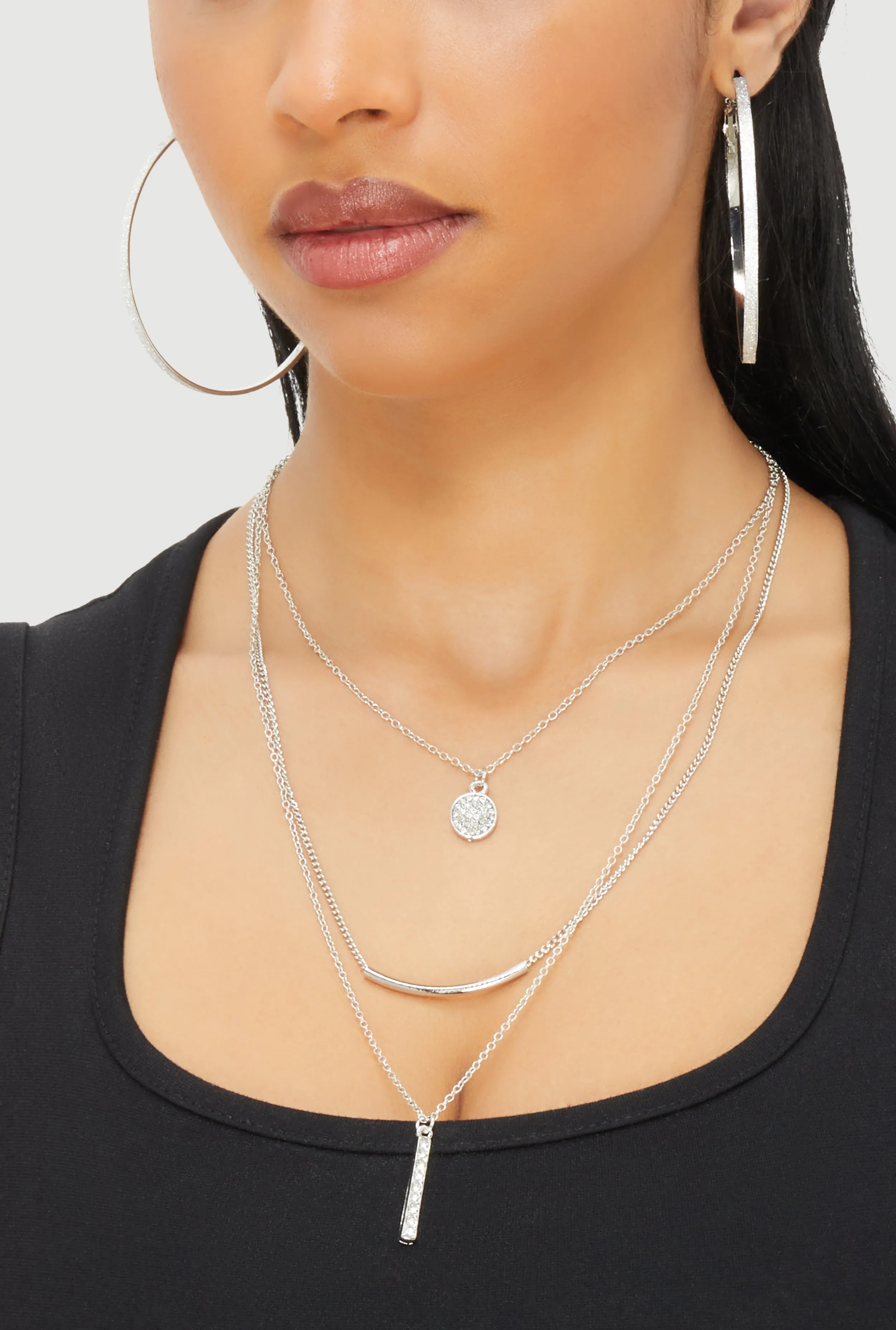 Bar Pendant Layered Necklace with Hoop Earring Trio sold by Rainbow product image thumbnail 2