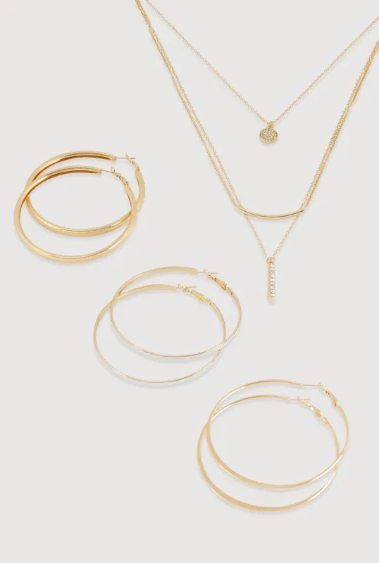 Bar Pendant Layered Necklace with Hoop Earring Trio sold by Rainbow