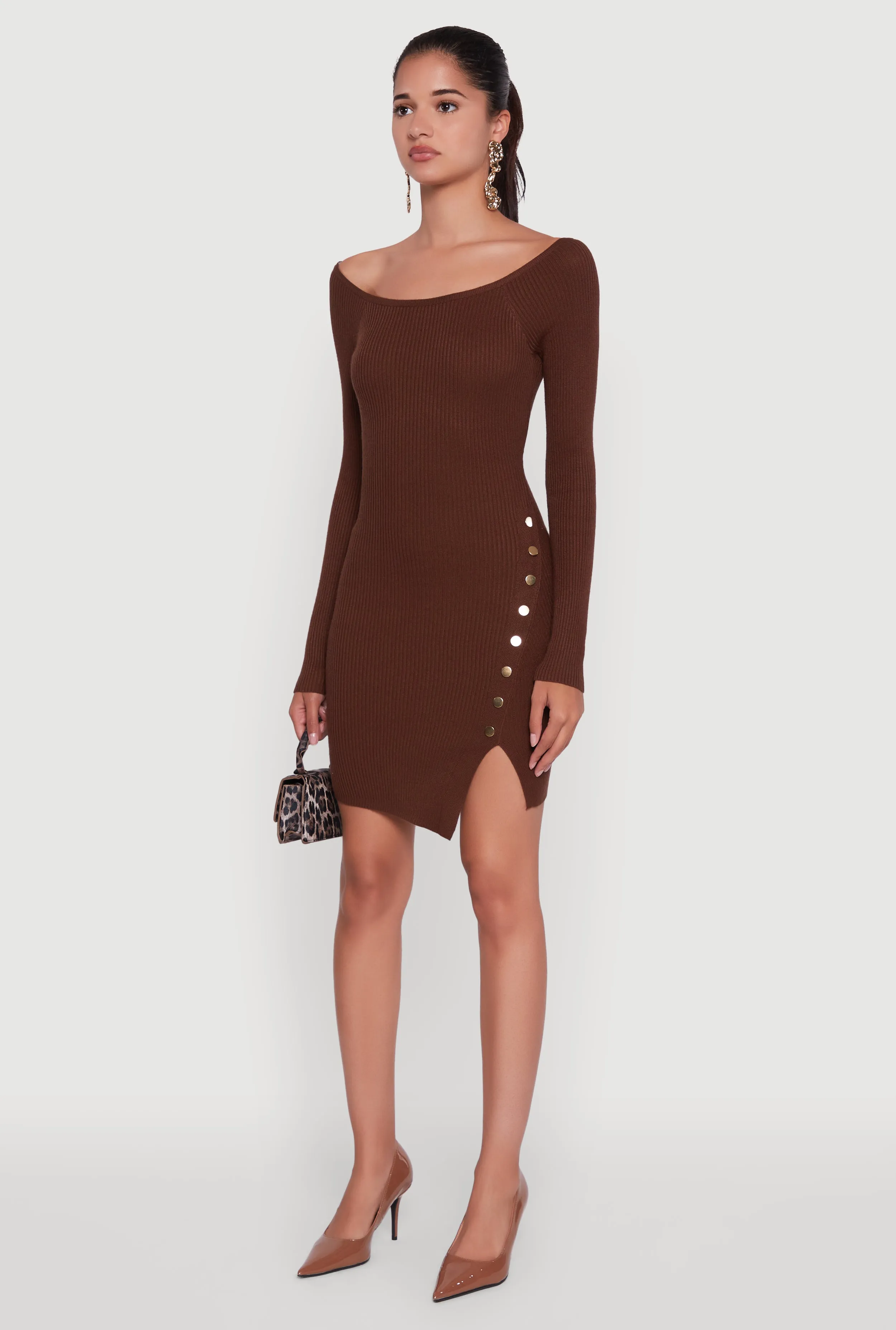 Metallic Button Detail Side Slit Boat Neck Sweater Dress sold by Rainbow product image thumbnail 3