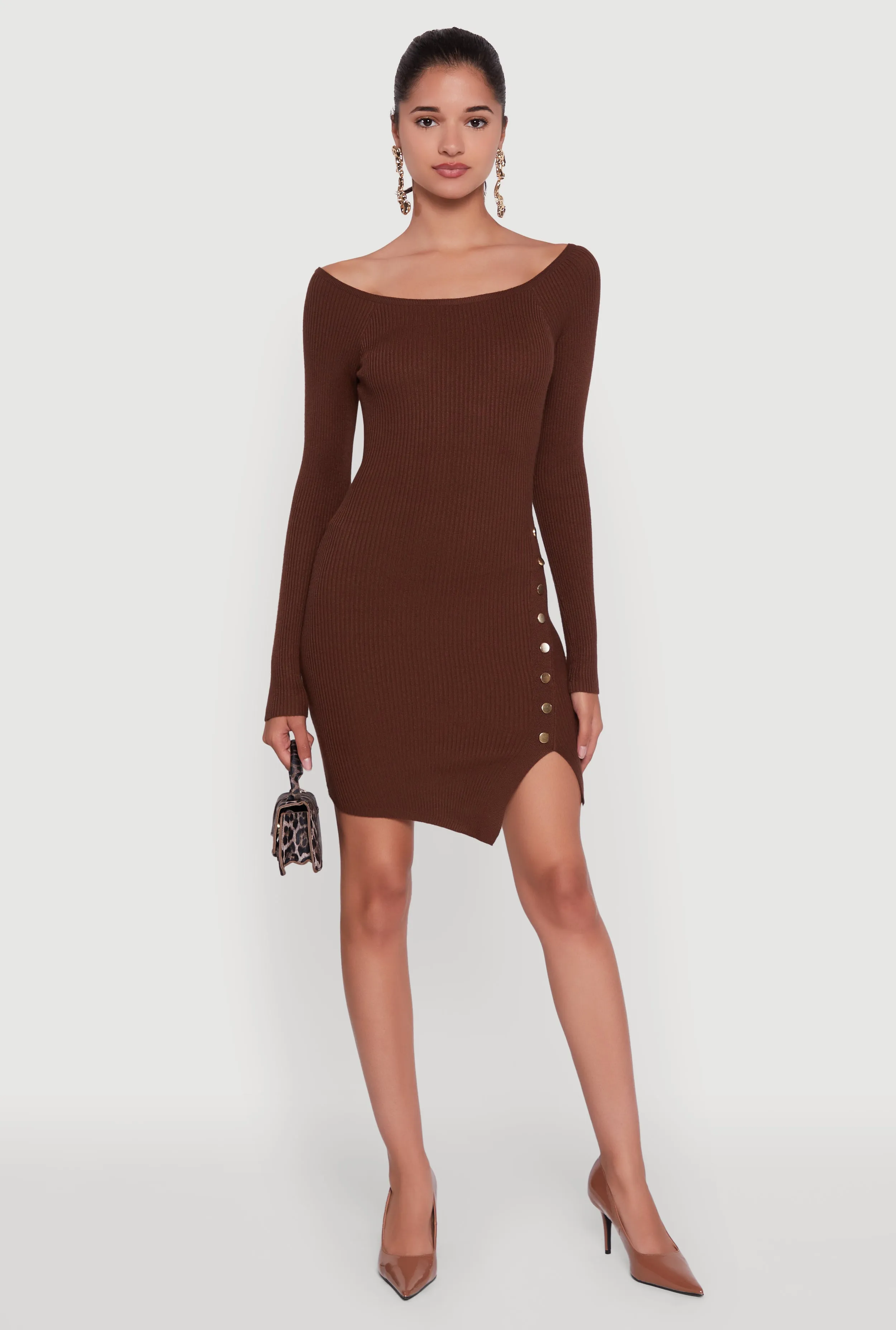 Metallic Button Detail Side Slit Boat Neck Sweater Dress sold by Rainbow