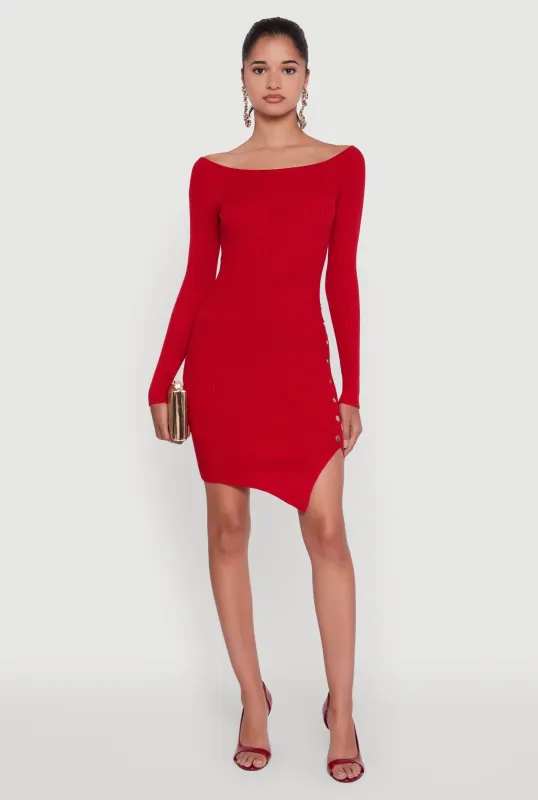 Metallic Button Detail Side Slit Boat Neck Sweater Dress sold by Rainbow