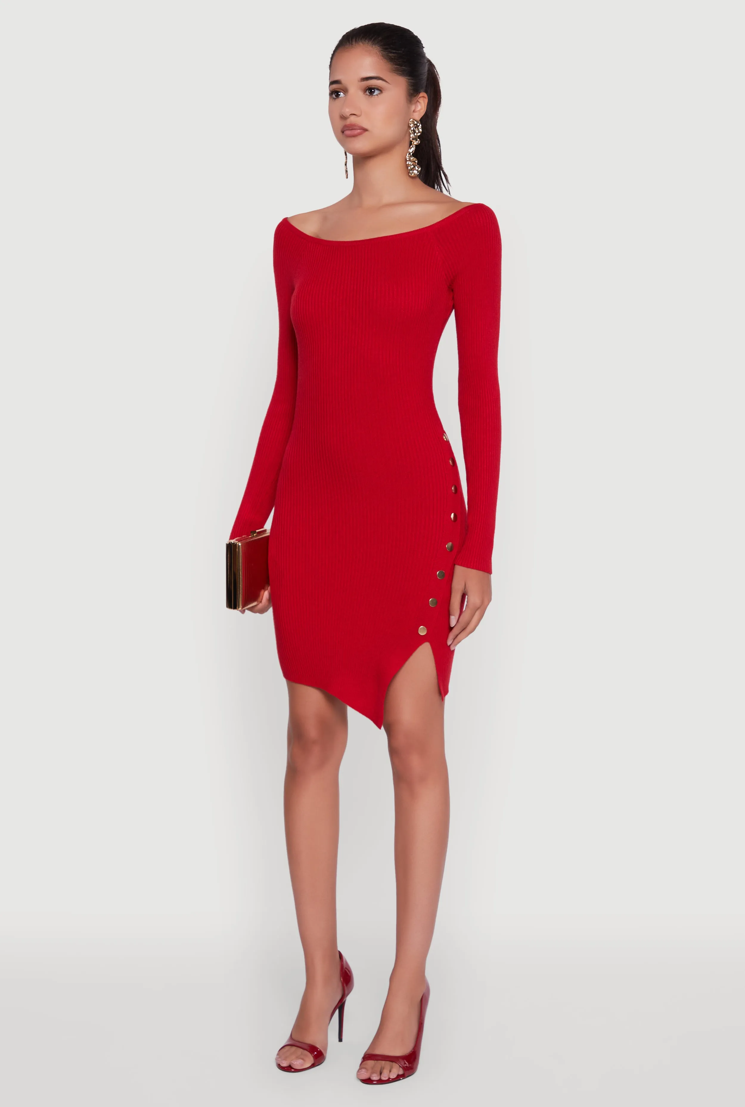 Metallic Button Detail Side Slit Boat Neck Sweater Dress sold by Rainbow product image thumbnail 3