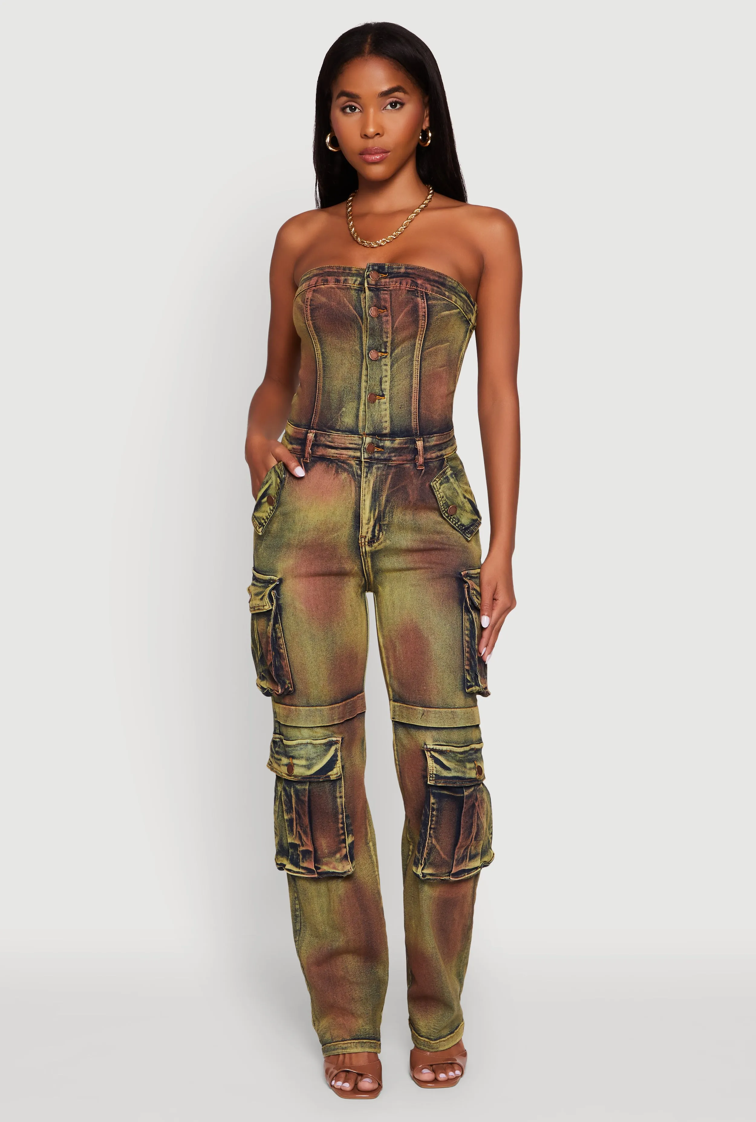 Tie Dye Acid Wash Denim Utility Tube Jumpsuit sold by Rainbow