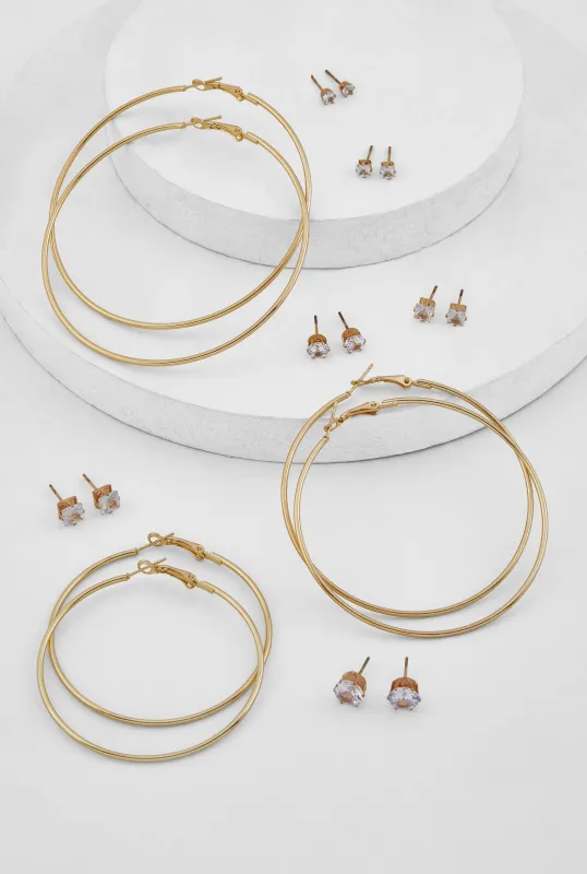 Metallic Hoop and Cubic Zirconia Stud Earrings Set of 9 sold by Rainbow