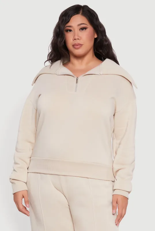 Plus Size Fleece Collared Quarter Zip Pullover Sweatshirt sold by Rainbow