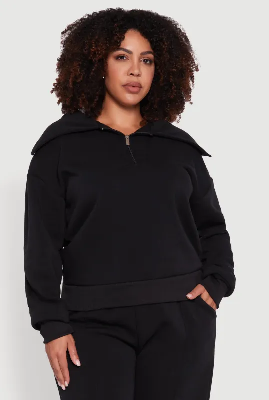 Plus Size Fleece Collared Quarter Zip Pullover Sweatshirt sold by Rainbow