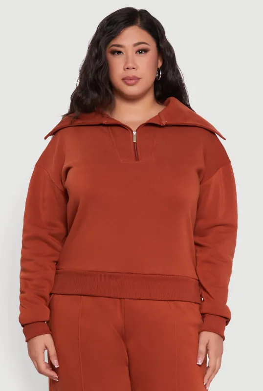 Plus Size Fleece Collared Quarter Zip Pullover Sweatshirt sold by Rainbow