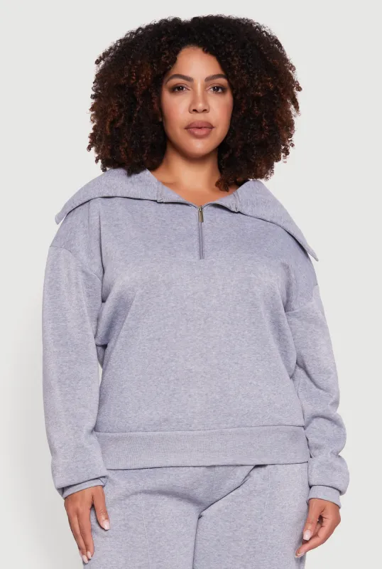 Plus Size Fleece Collared Quarter Zip Pullover Sweatshirt sold by Rainbow