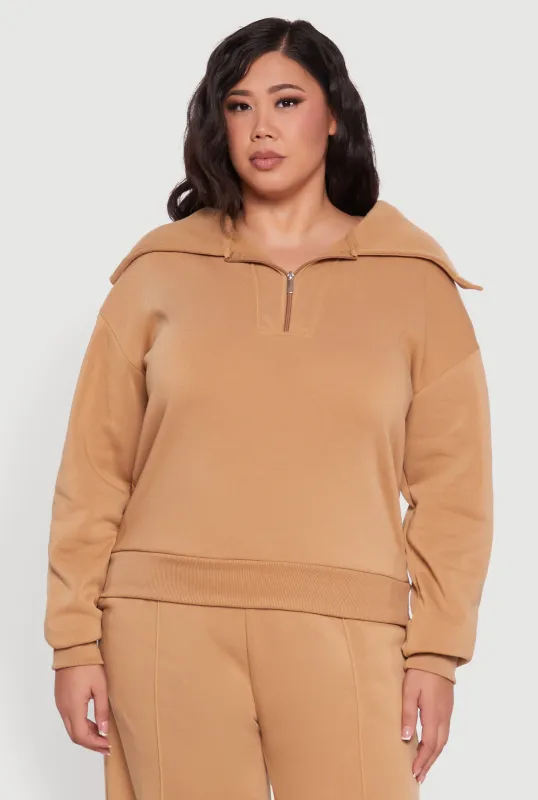 Plus Size Fleece Collared Quarter Zip Pullover Sweatshirt sold by Rainbow