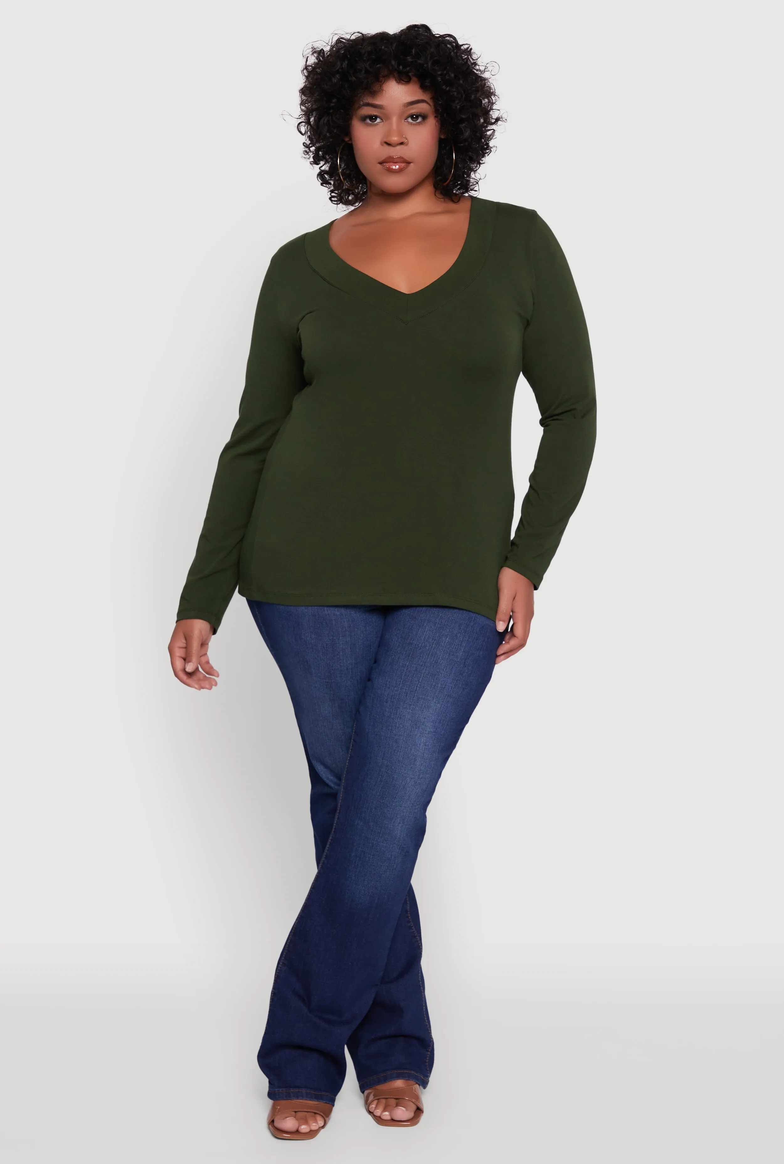 Plus Size Long Sleeve V-Neck Basic Tee sold by Rainbow