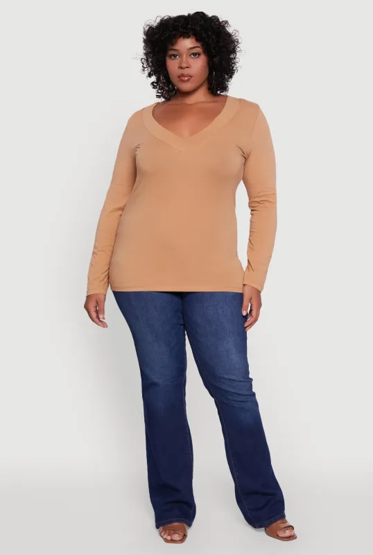 Plus Size Long Sleeve V-Neck Basic Tee sold by Rainbow